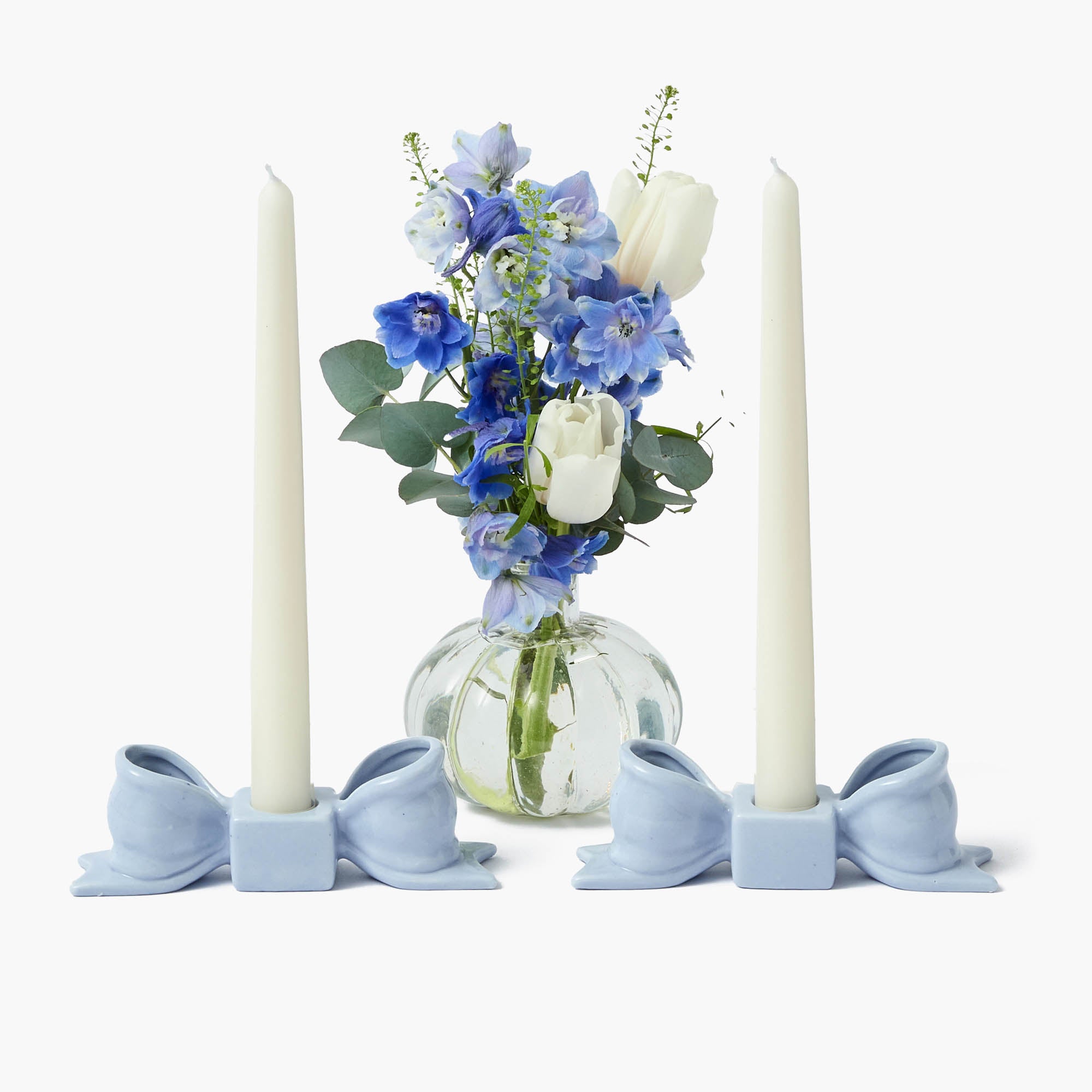 Soft Blue Ceramic Bow Candle Holder (Pair)