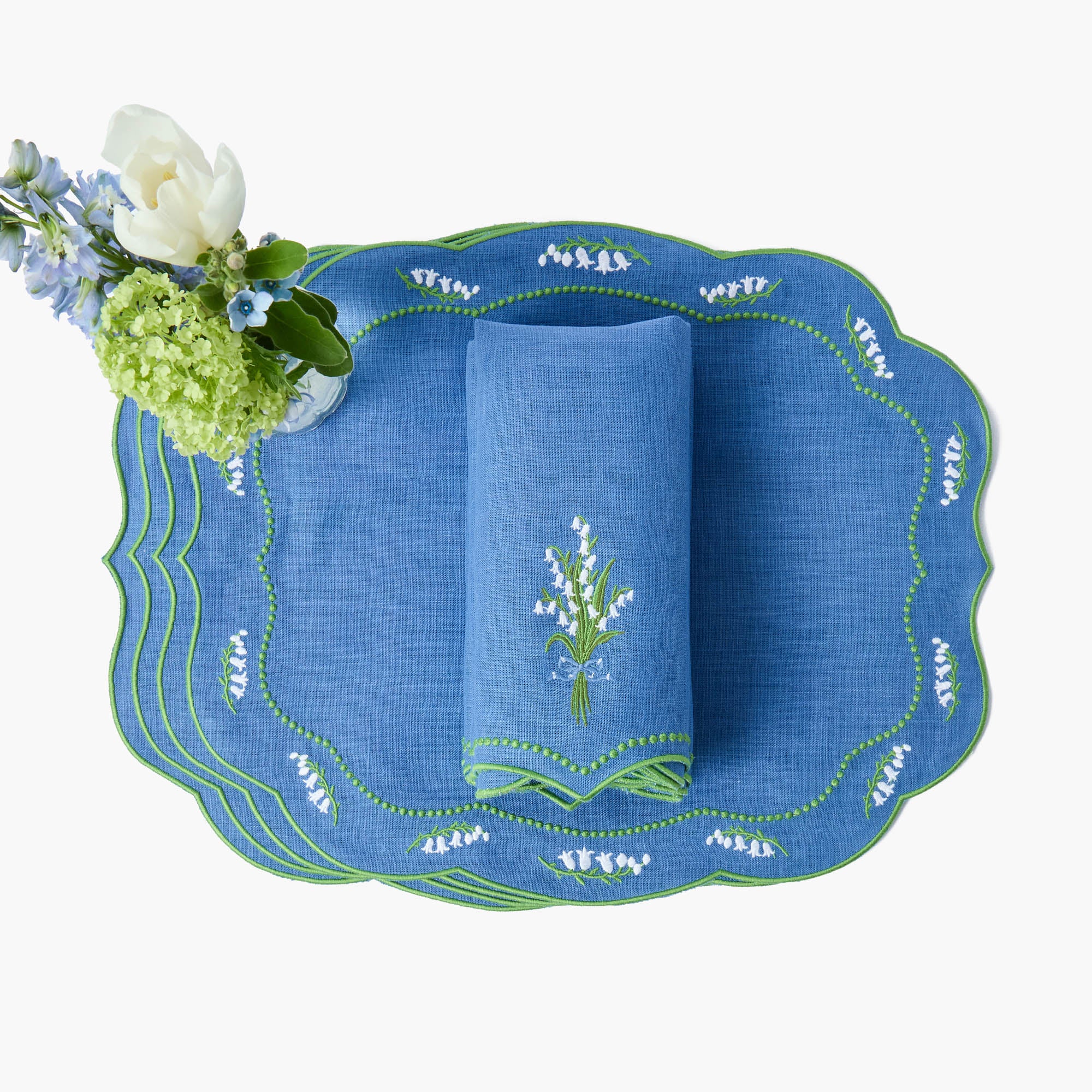 Lily of the Valley Blue Linen Placemats & Napkins (Set of 4)