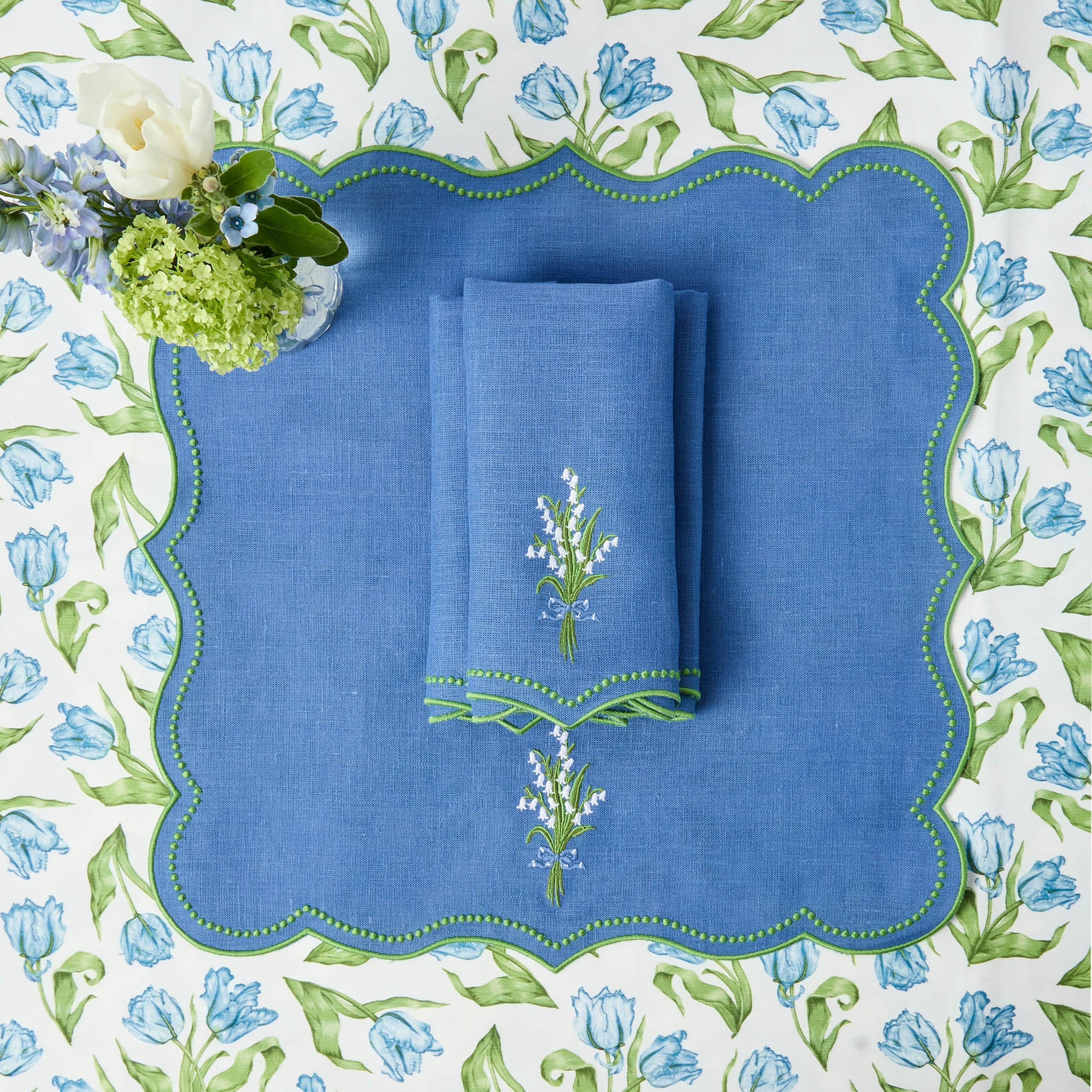 Lily of the Valley Blue Linen Napkins (Set of 4)