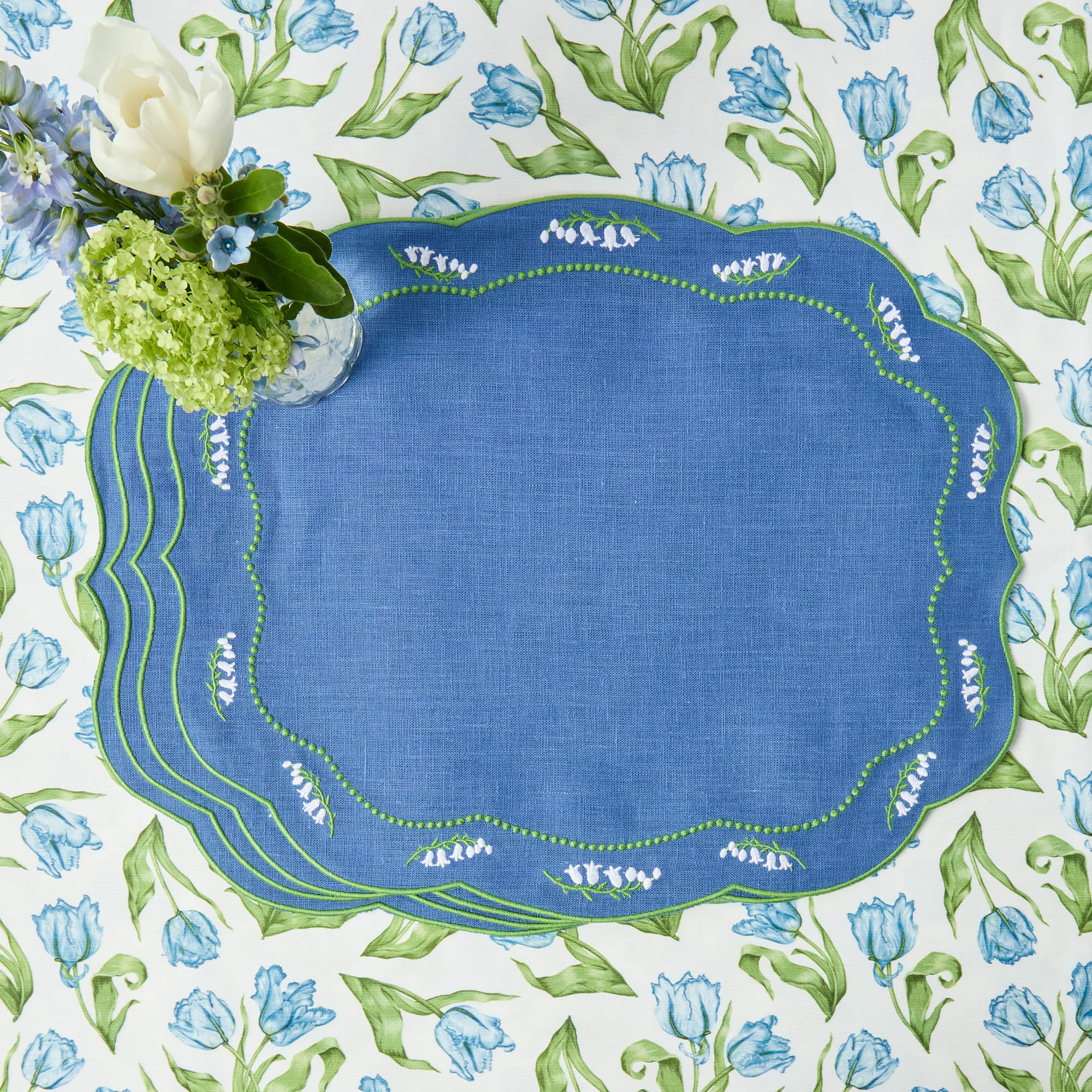 Lily of the Valley Blue Linen Placemats & Napkins (Set of 4)