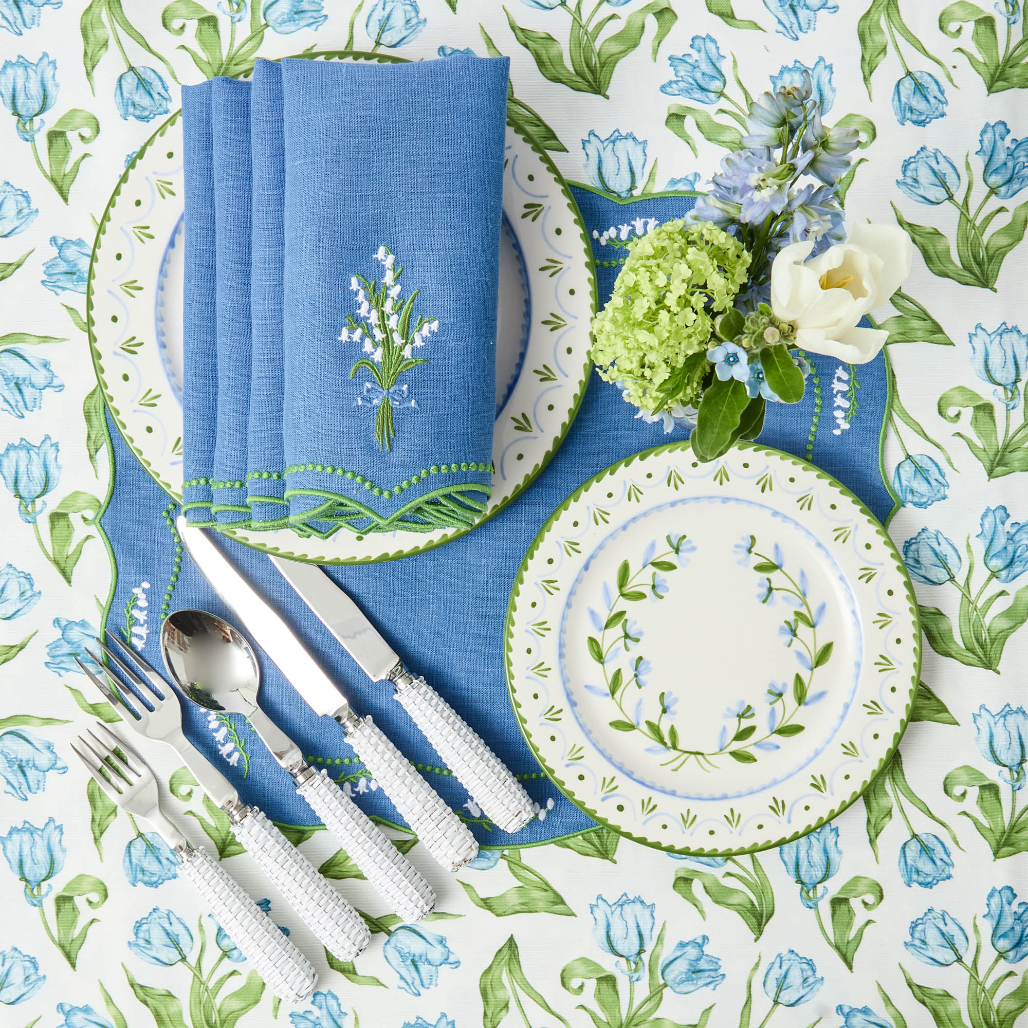 Lily of the Valley Blue Linen Placemats & Napkins (Set of 4)