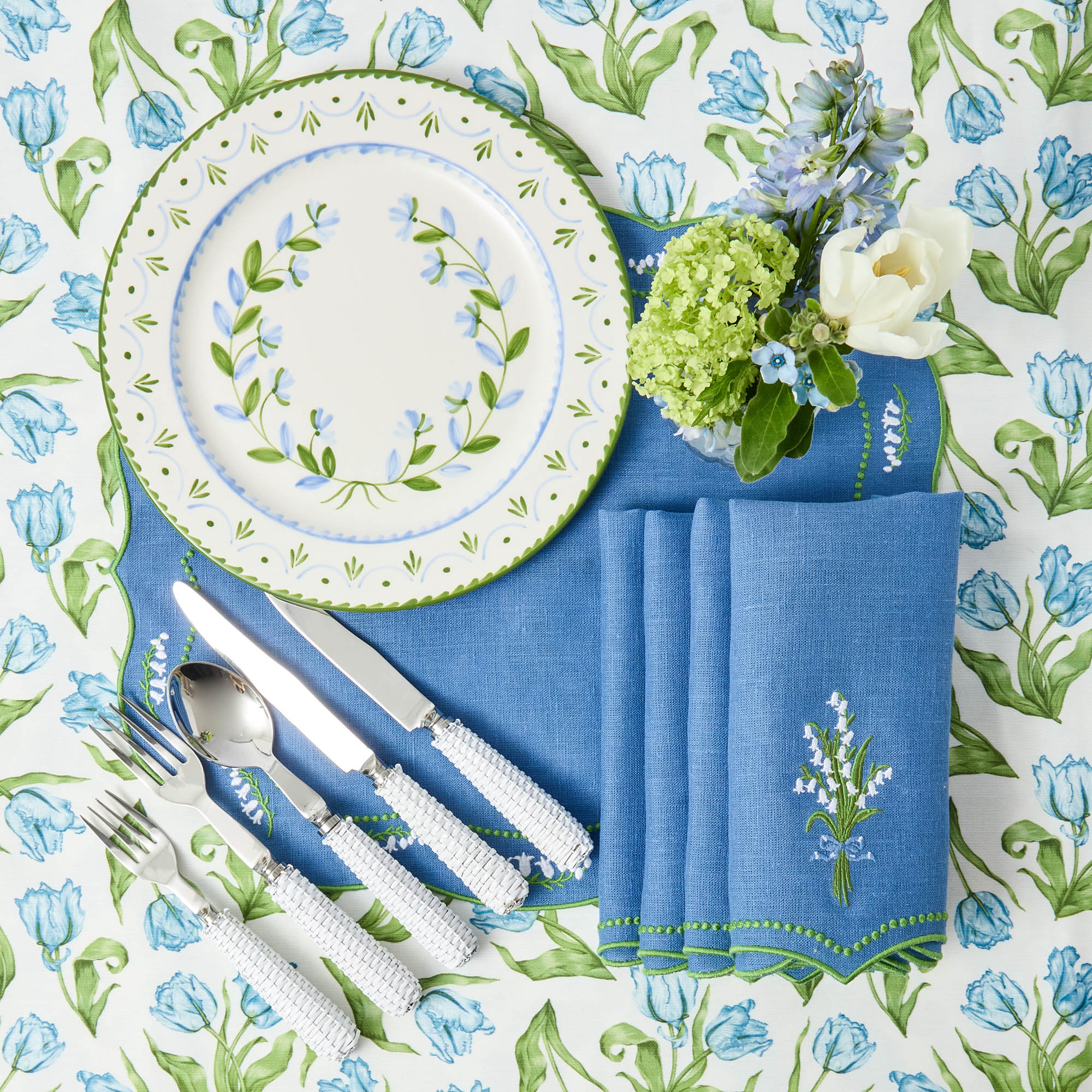 Lily of the Valley Blue Linen Napkins (Set of 4)