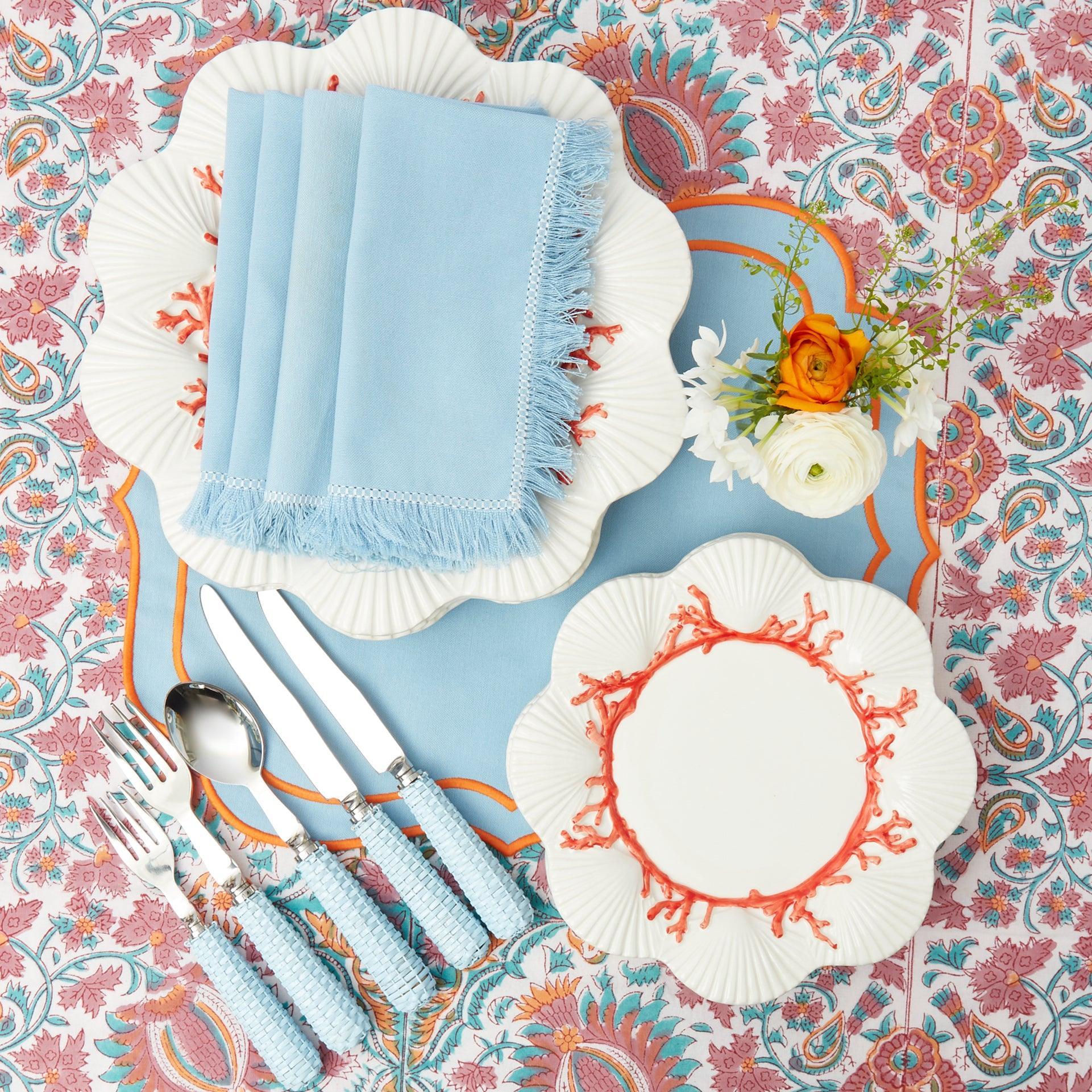 Blue & White Fringe Dinner Napkins (4)