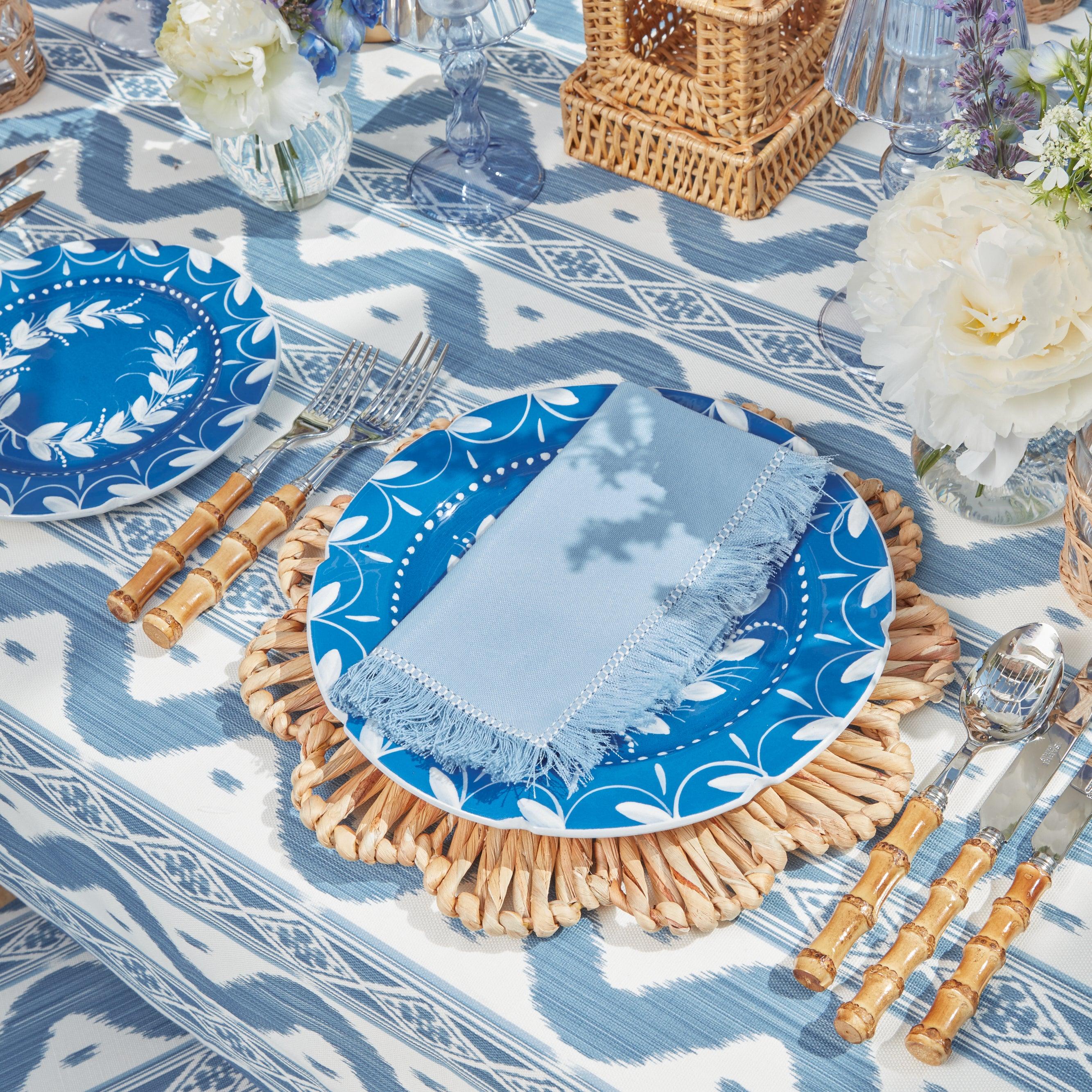 Blue & White Fringe Dinner Napkins (4)