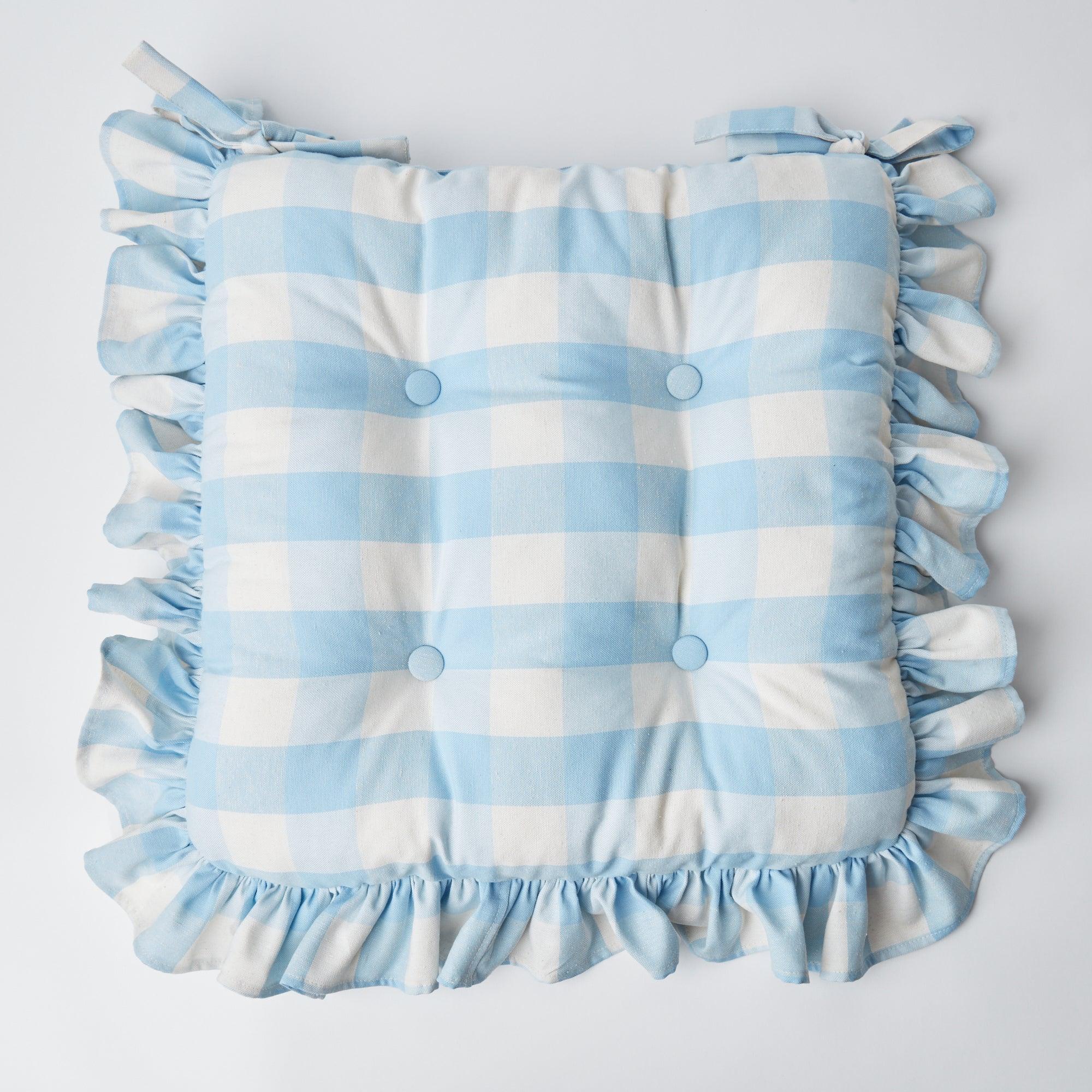 Blue Gingham Ruffle Seat Pad Cushion (Set of 4) - Mrs. Alice