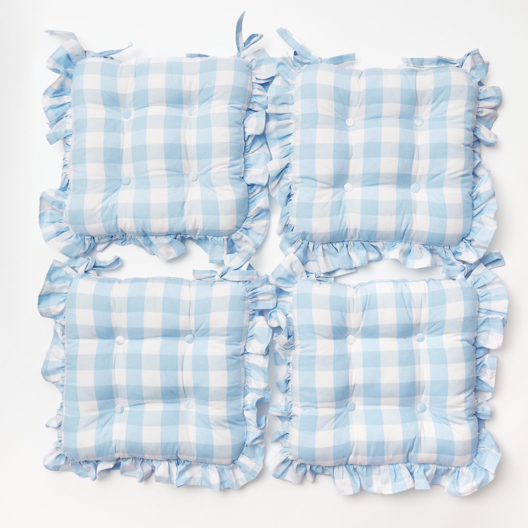 Blue Gingham Ruffle Seat Pad Cushion (Set of 4) - Mrs. Alice