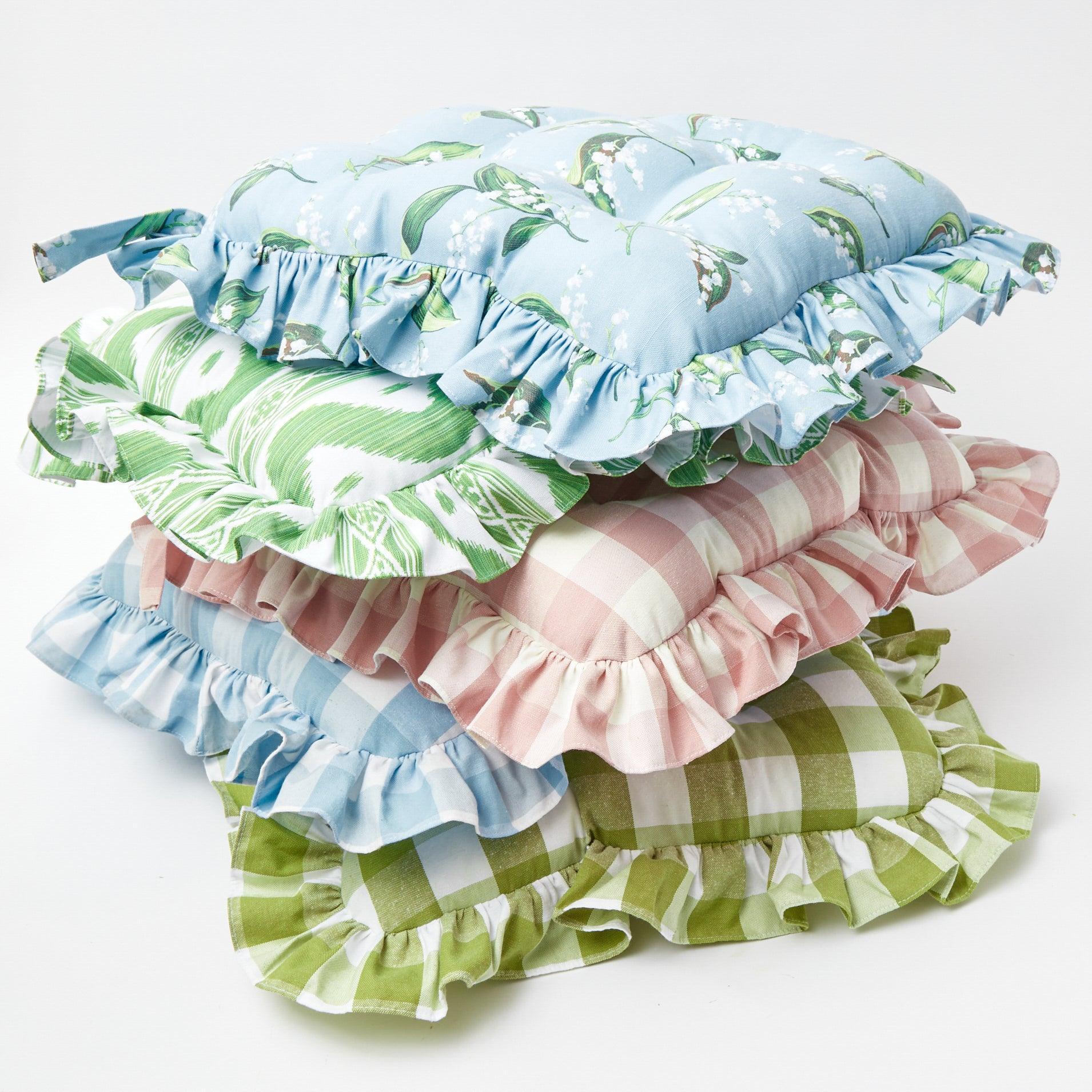 Blue Gingham Ruffle Seat Pad Cushion (Set of 4) - Mrs. Alice