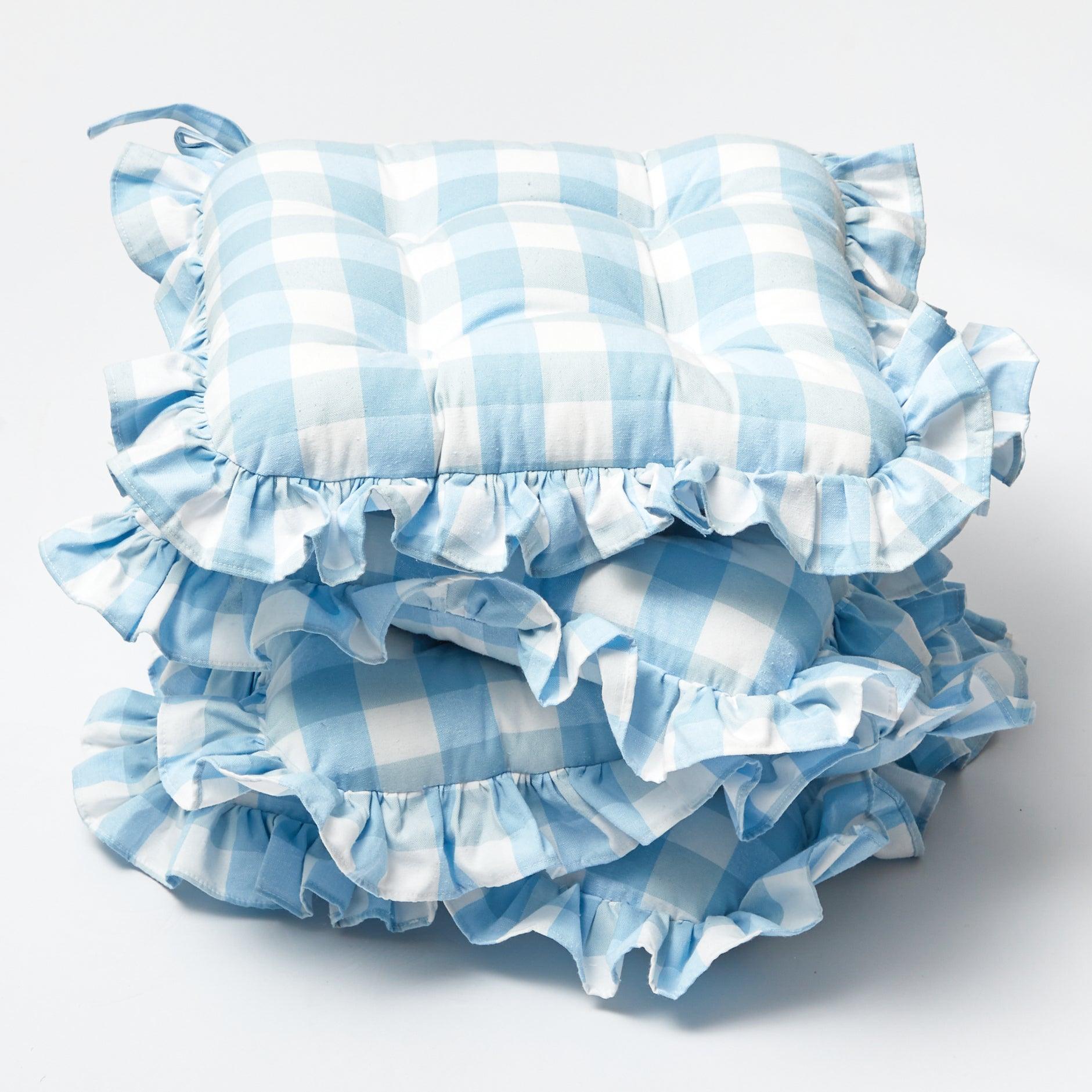 Blue Gingham Ruffle Seat Pad Cushion (Set of 4) - Mrs. Alice