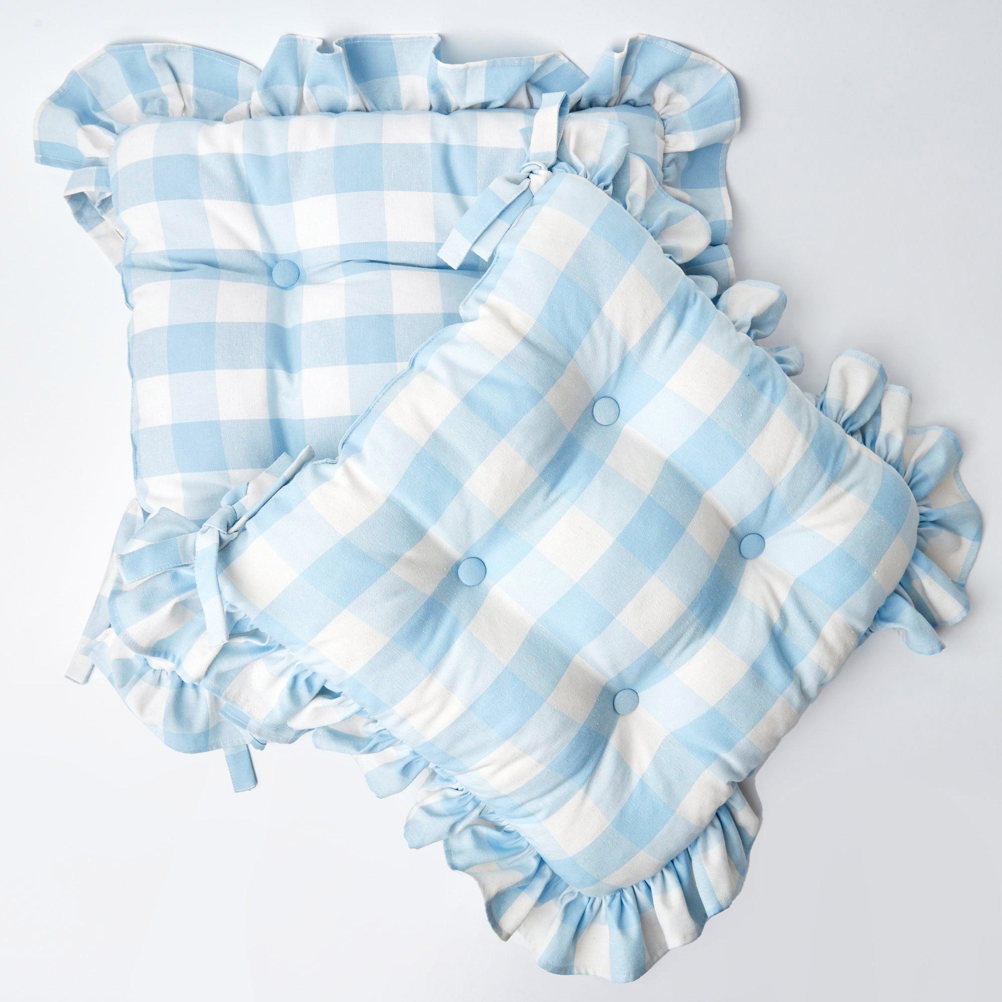 Blue Gingham Ruffle Seat Pad Cushion (Set of 4) - Mrs. Alice