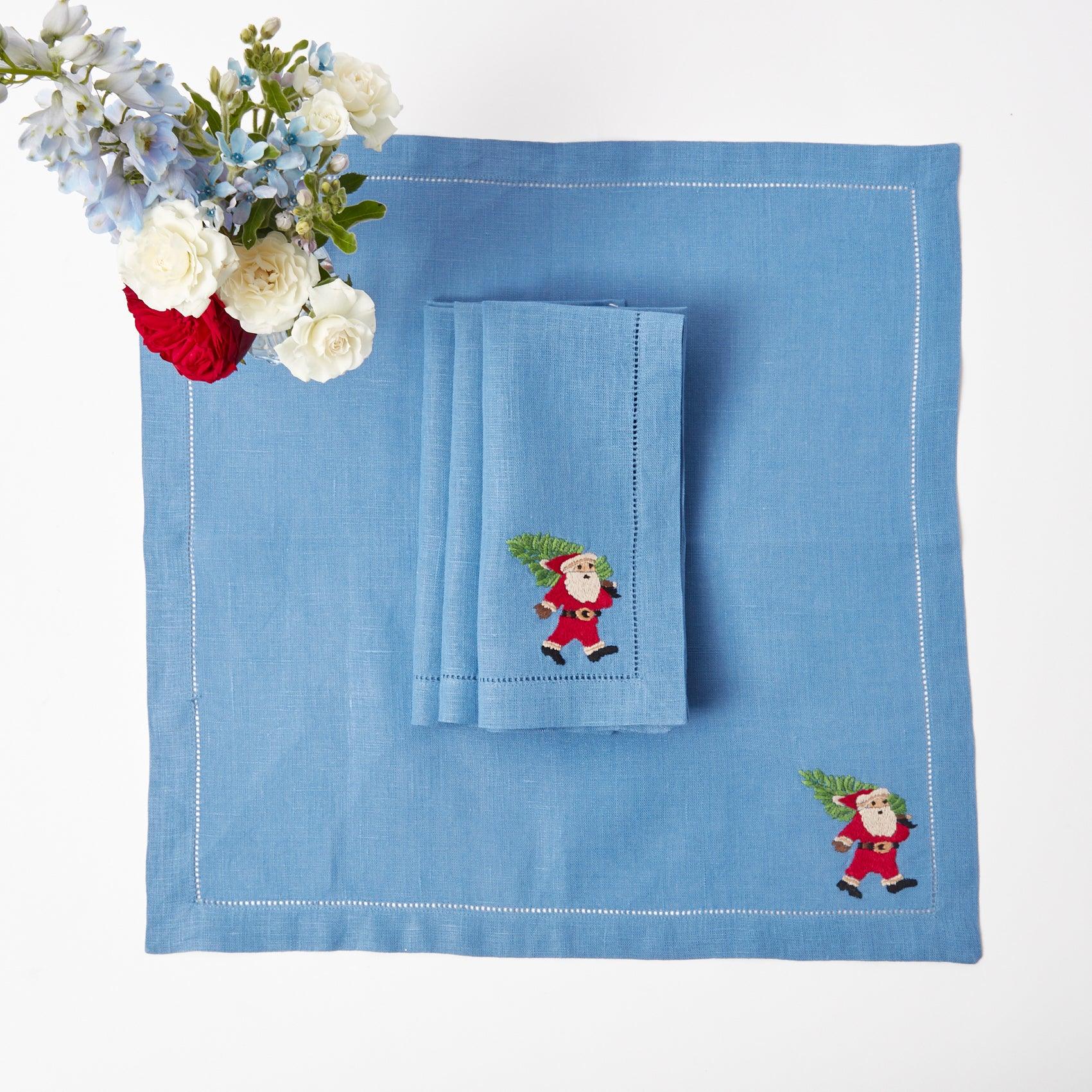 Blue Hand Embroidered Father Christmas Napkins (Set of 4) - Mrs. Alice