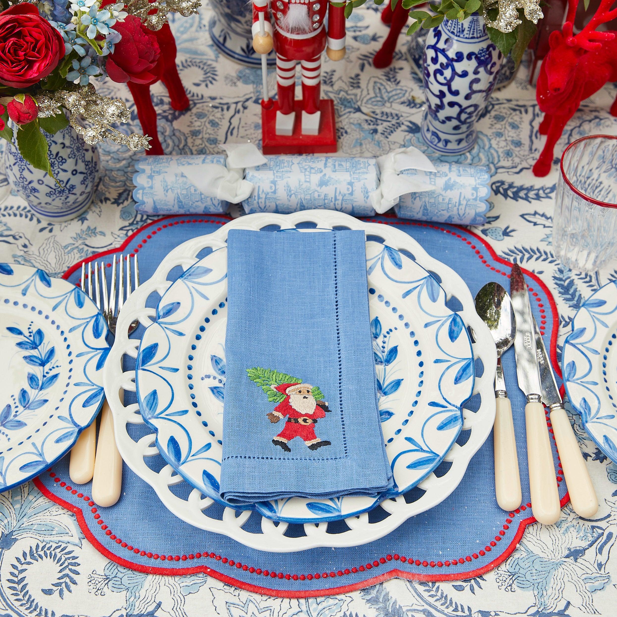 Blue Hand Embroidered Father Christmas Napkins (Set of 4) - Mrs. Alice