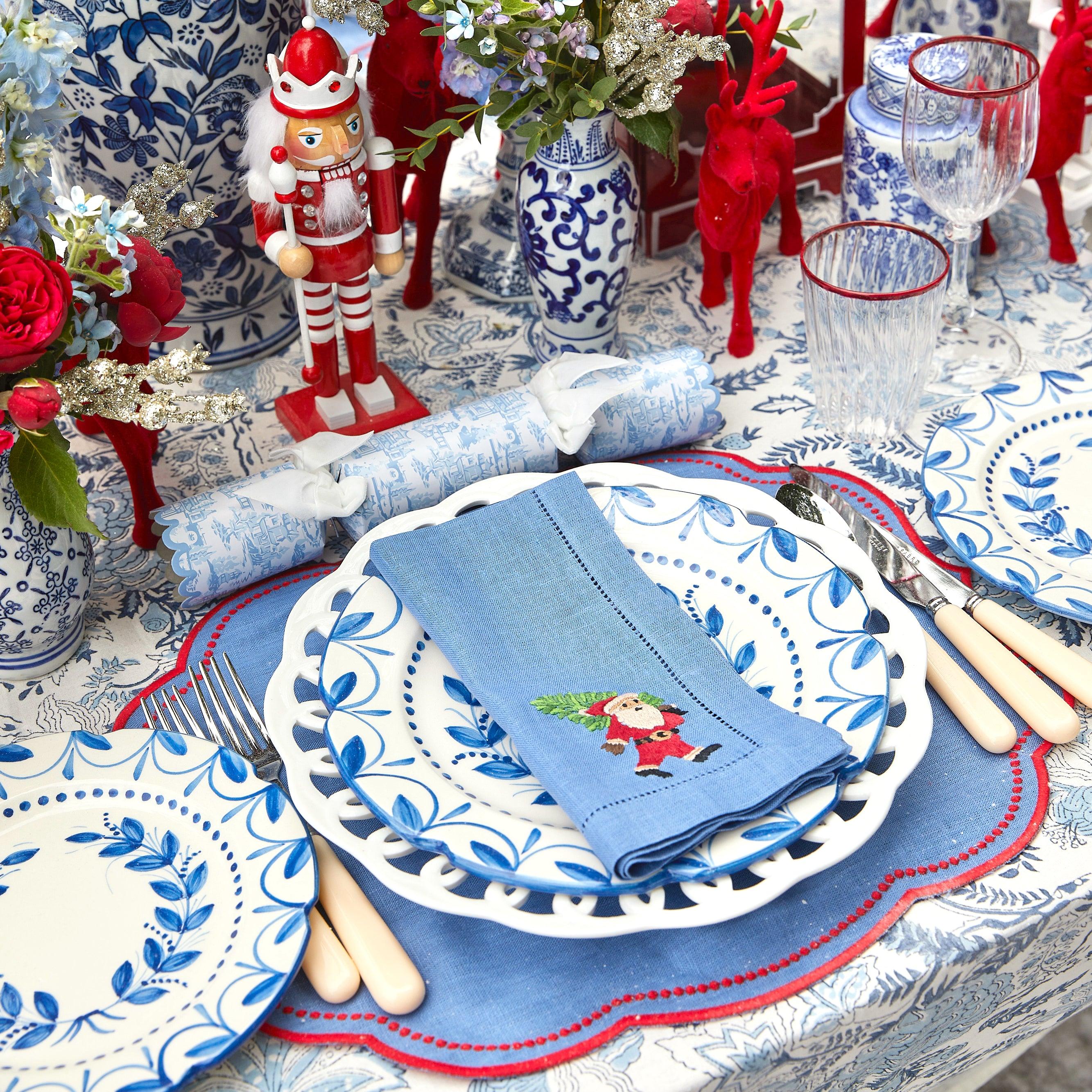 Blue Hand Embroidered Father Christmas Napkins (Set of 4) - Mrs. Alice