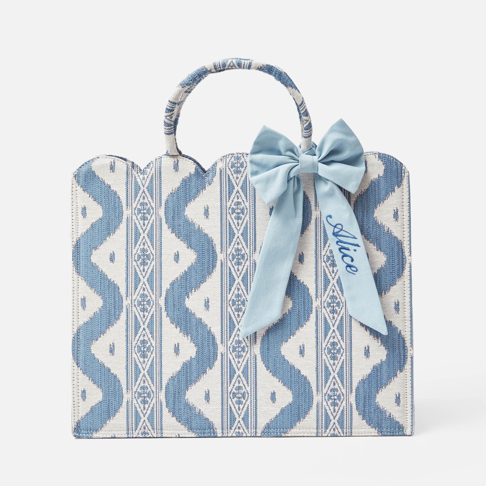 Mrs. Alice Tote Bag (Blue Ikat) With Bow