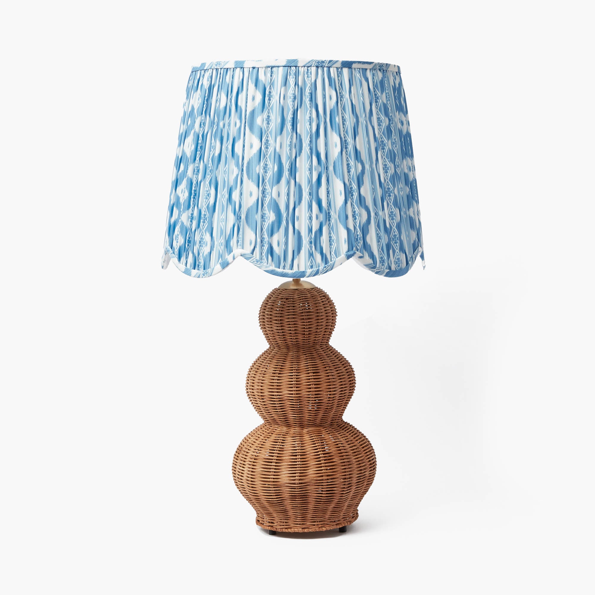 Rattan Brigitte Lamp & Blue Ikat Deep Scalloped Shade (40cm)