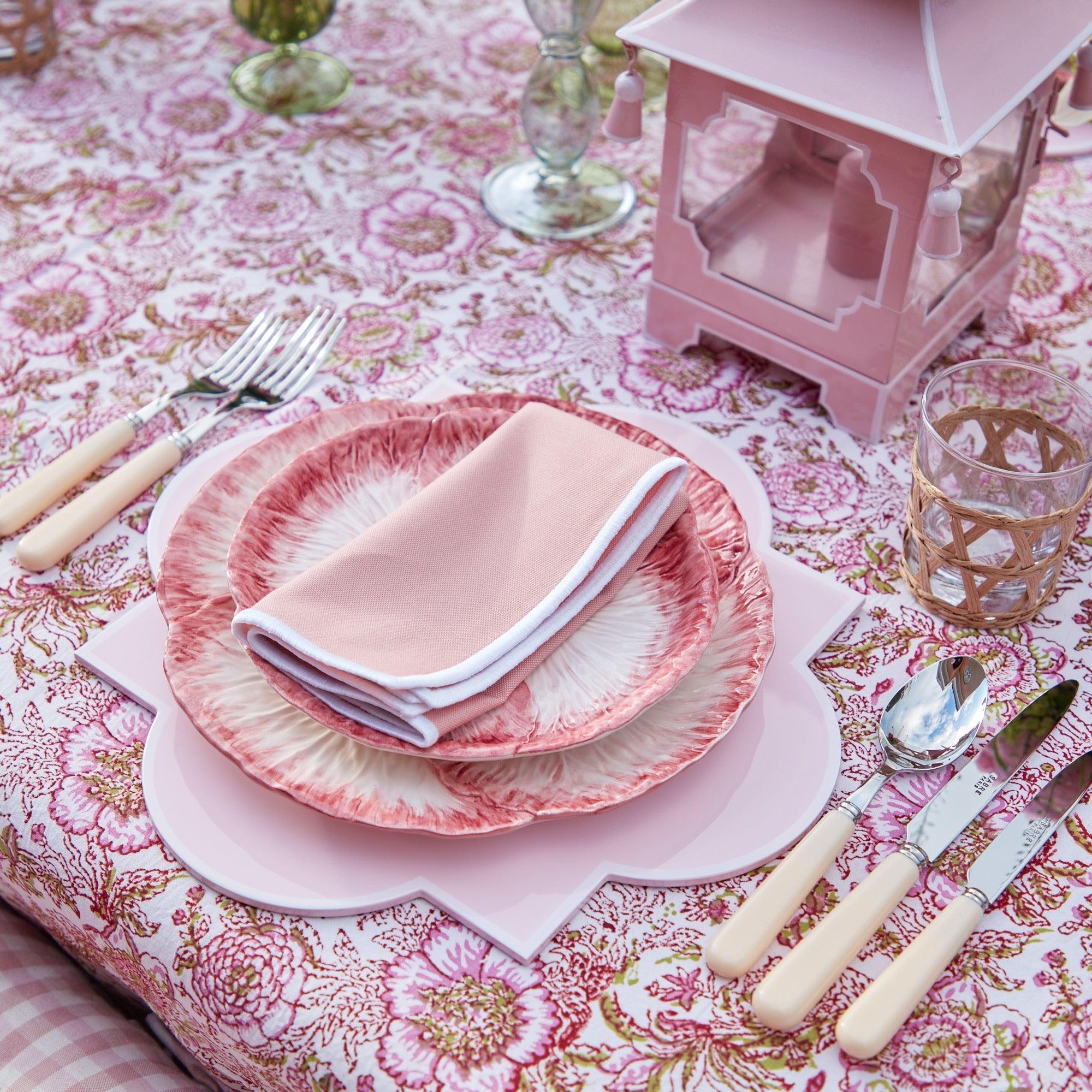 Vintage Cloth Dinner Napkins set of 8 Cream w/Lace & Stamped Pink