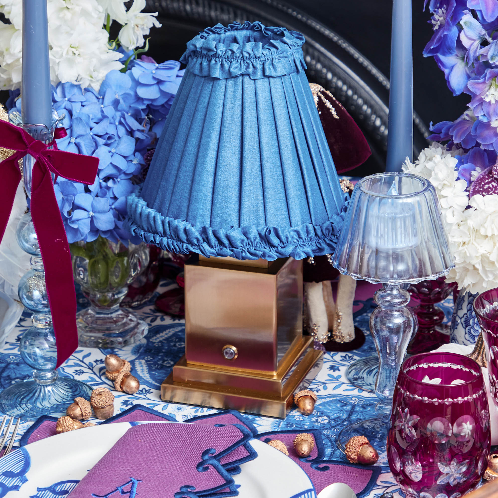 Rechargeable Lamp with Blue Frilled Silk Shade (18cm)