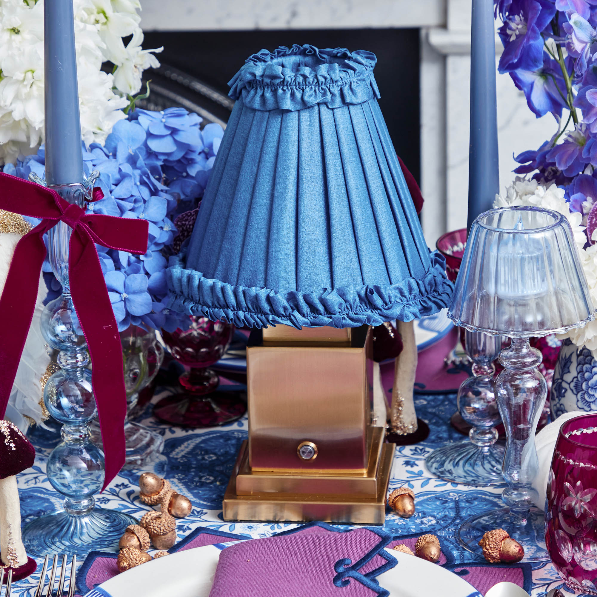 Rechargeable Lamp with Blue Frilled Silk Shade (18cm)