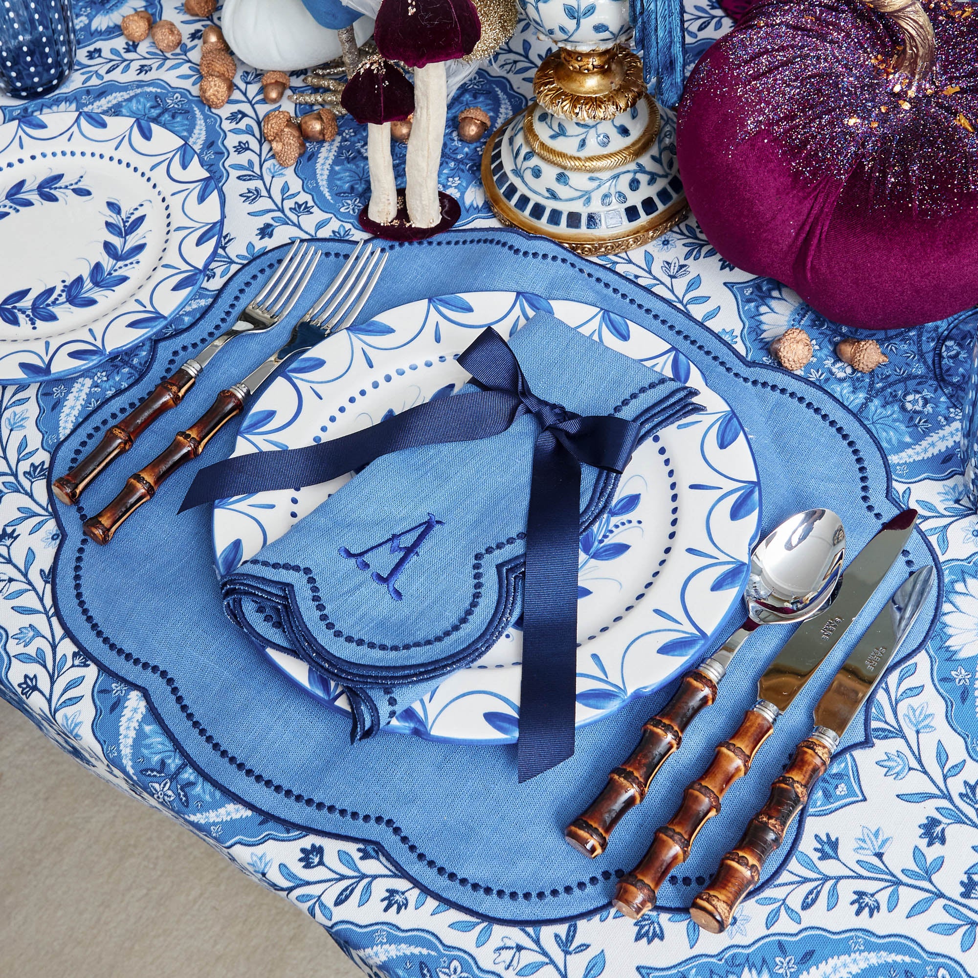 Eloise Blue & Navy Placemats & Napkins (Set of 4)