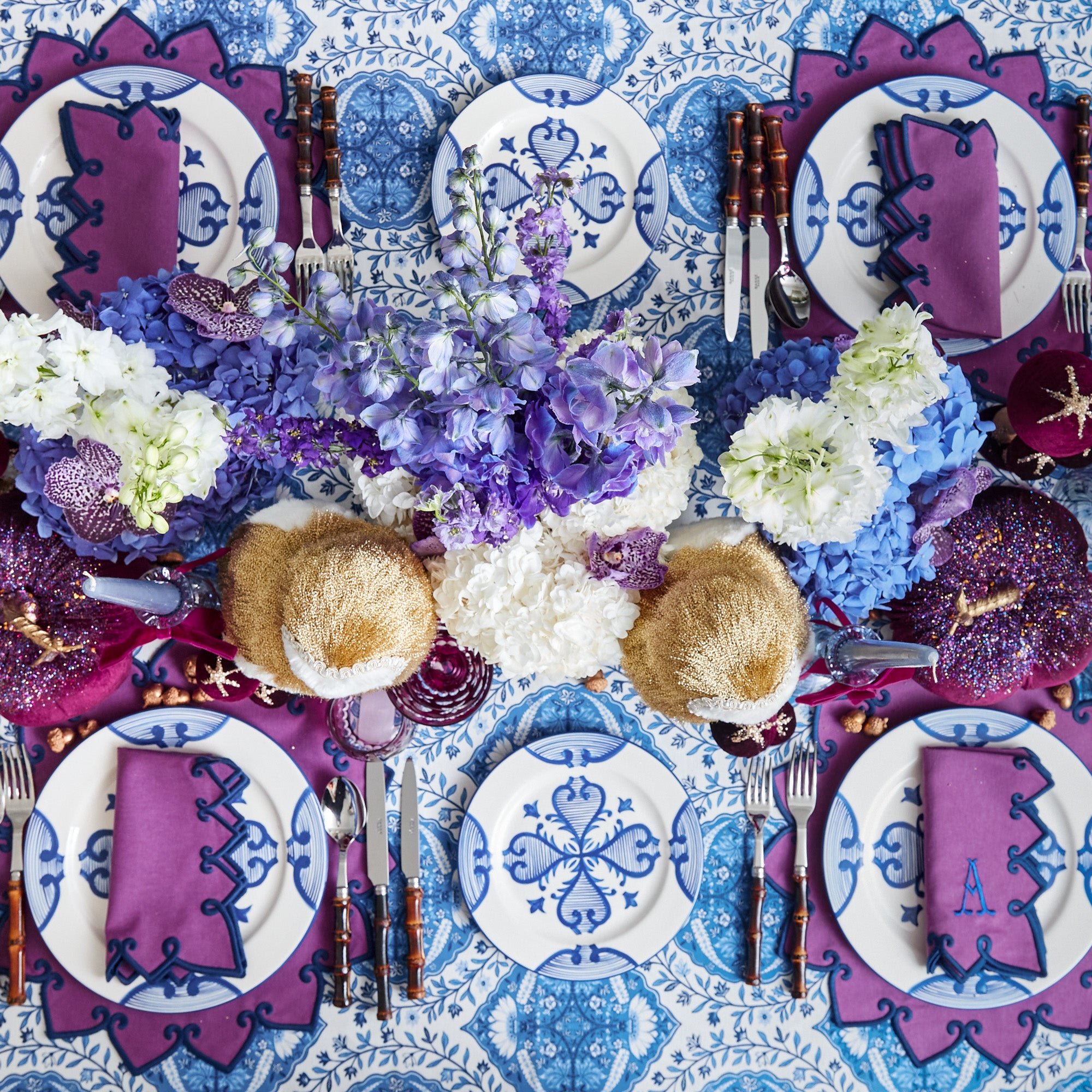 Angelina Aubergine & Blue Placemats & Napkins (Set of 4)