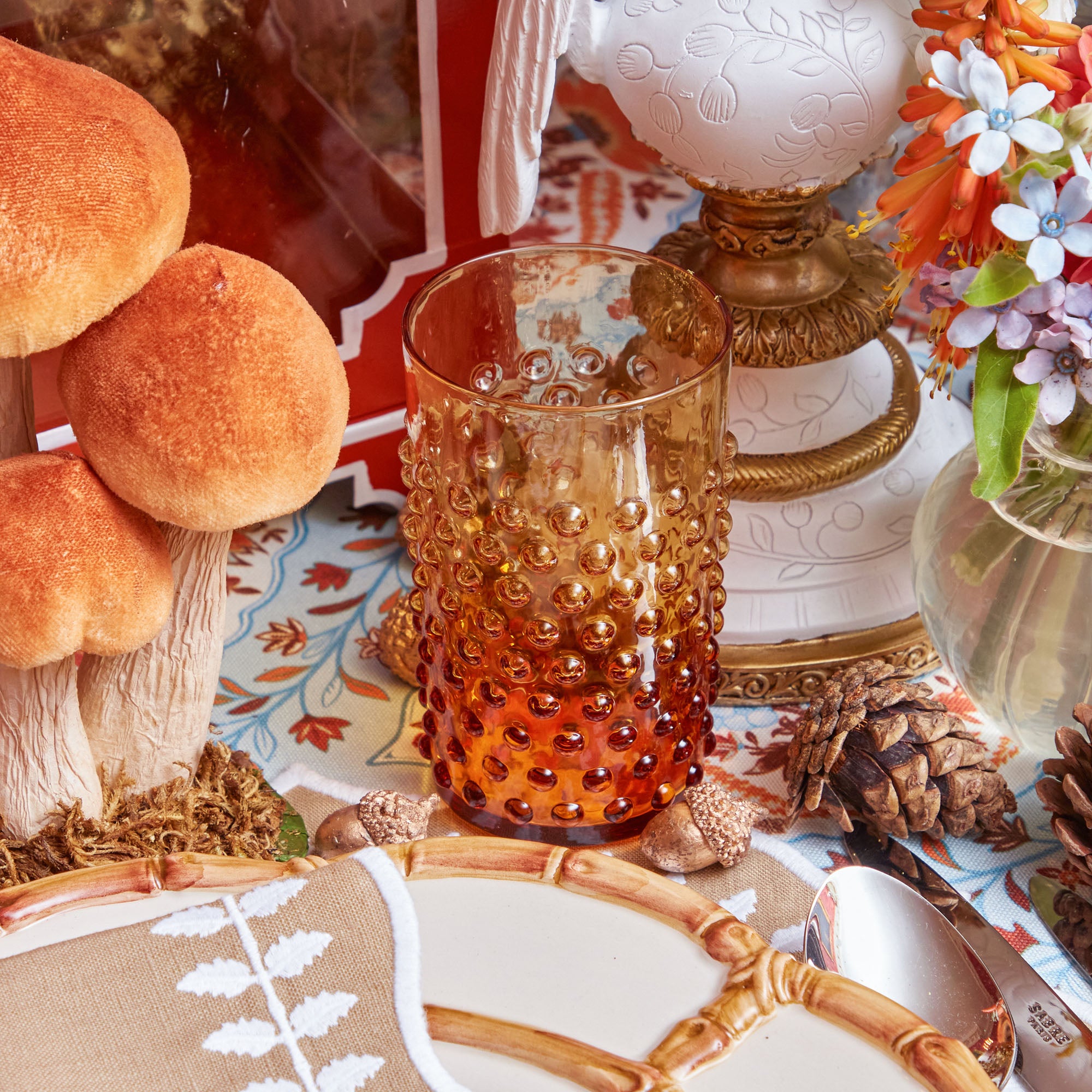 Amber Hobnail Jug and Glasses (Set of 6)