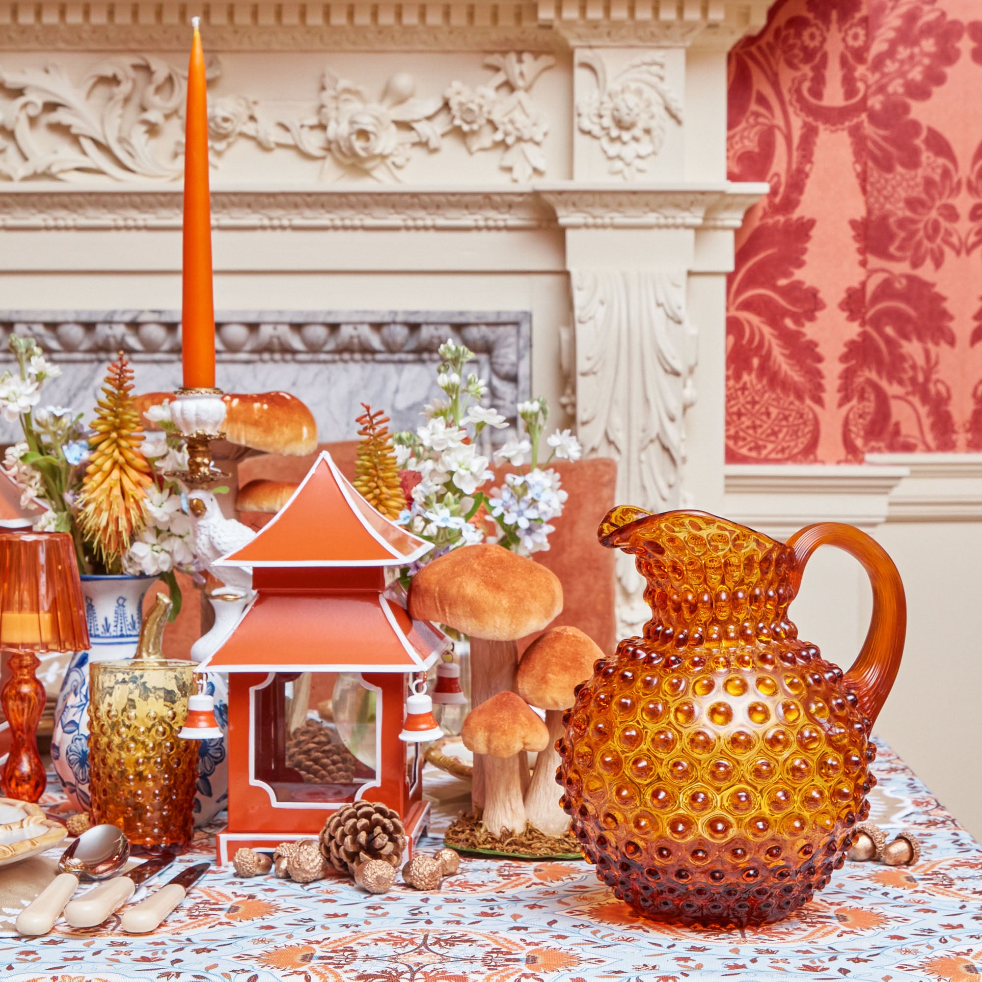 Amber Hobnail Jug and Glasses (Set of 6)