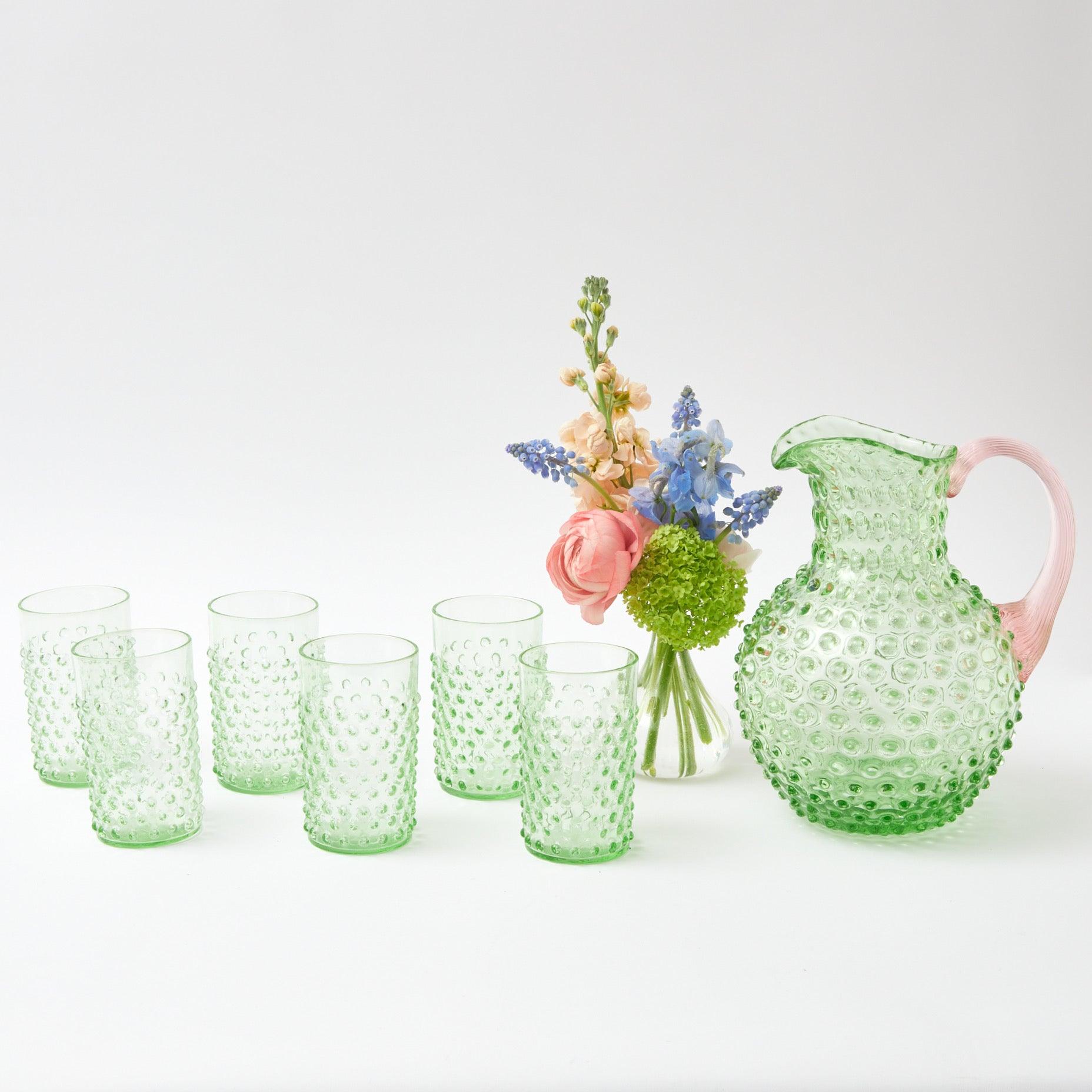 Emerald Hobnail Jug with Rose Handle Glasses (set of 6)