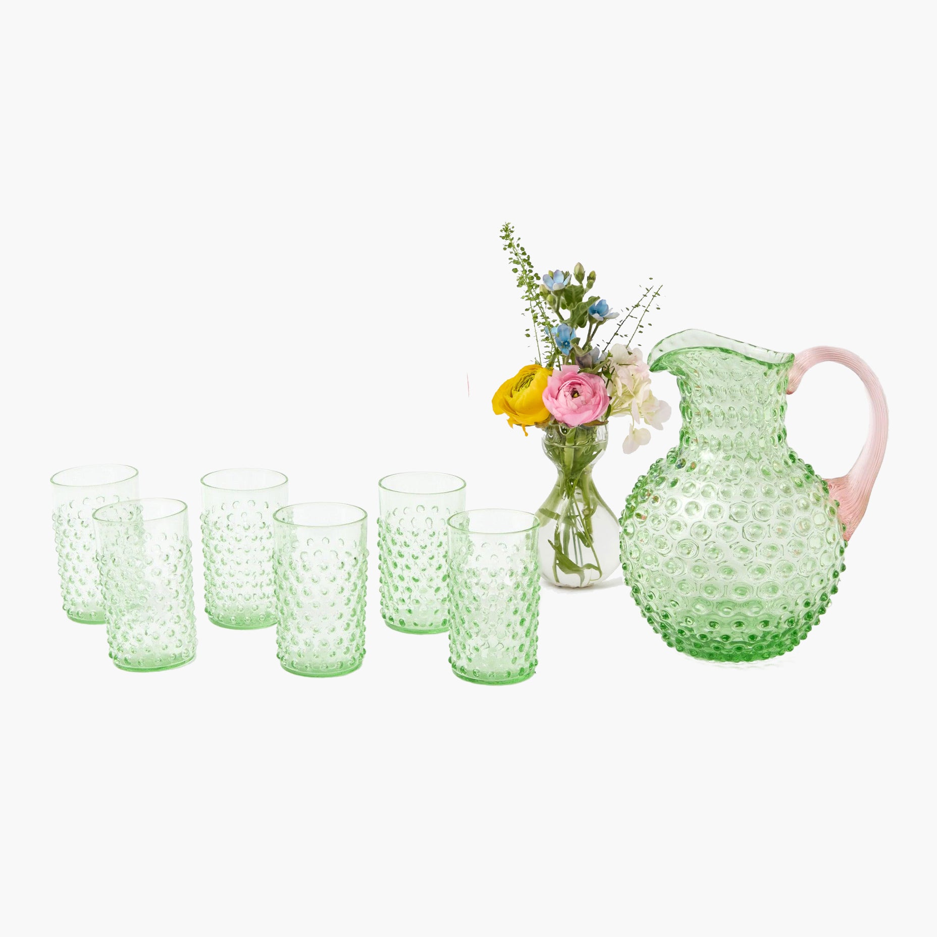 Emerald Hobnail Jug with Rose Handle & Glasses (set of 6)