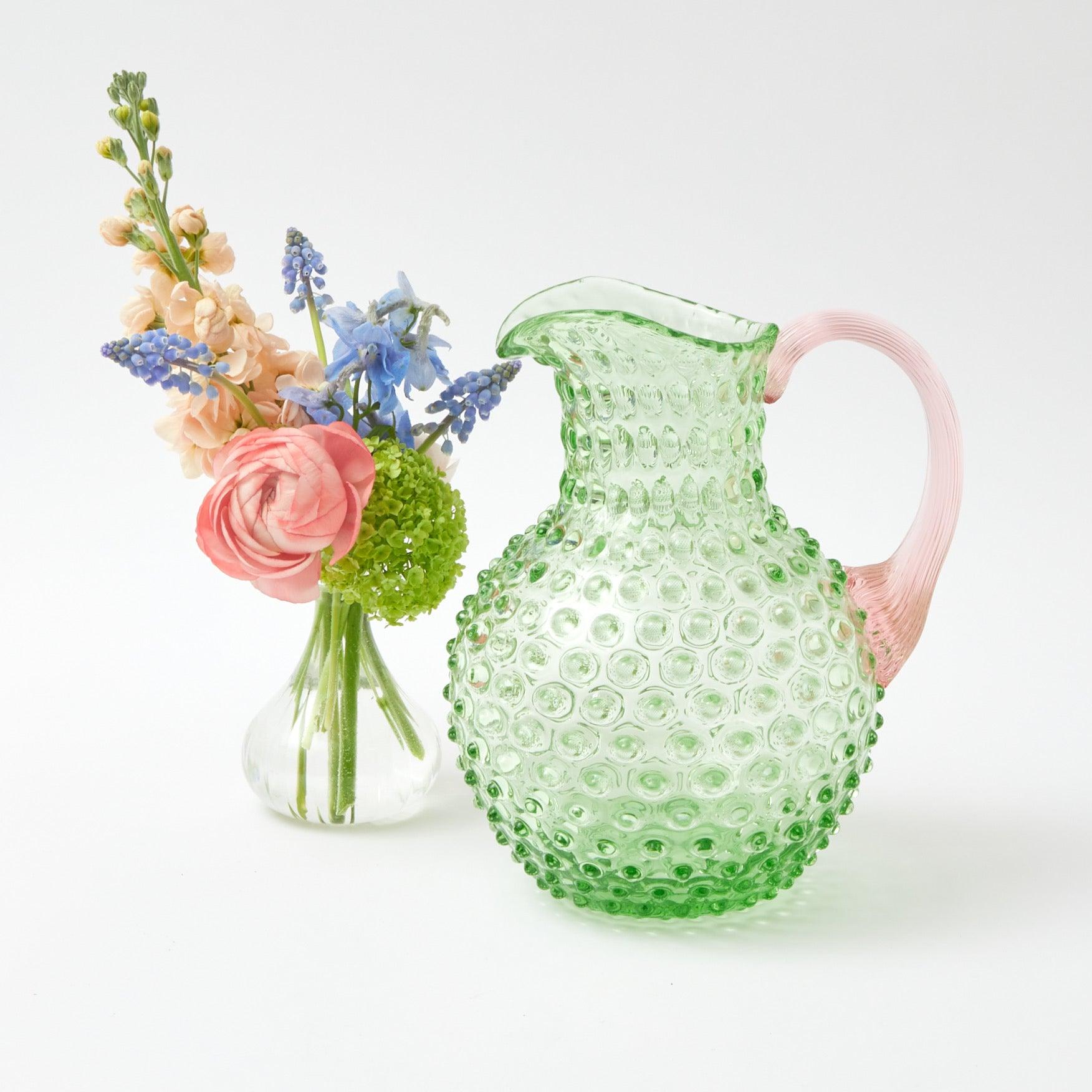 Emerald Hobnail Jug with Rose Handle & Glasses (set of 6) - Mrs. Alice