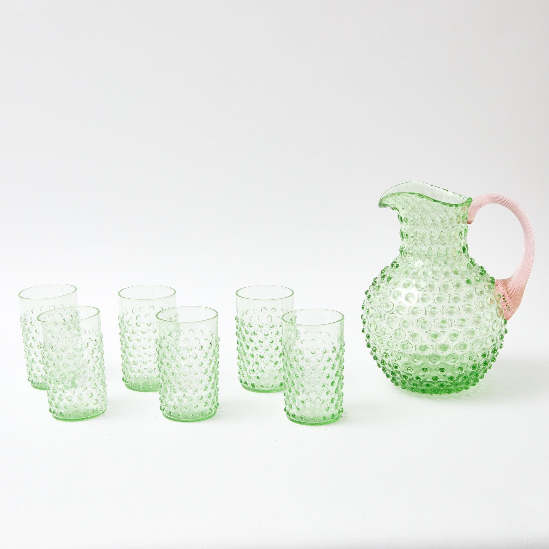 Emerald Hobnail Jug with Rose Handle & Glasses (set of 6) - Mrs. Alice