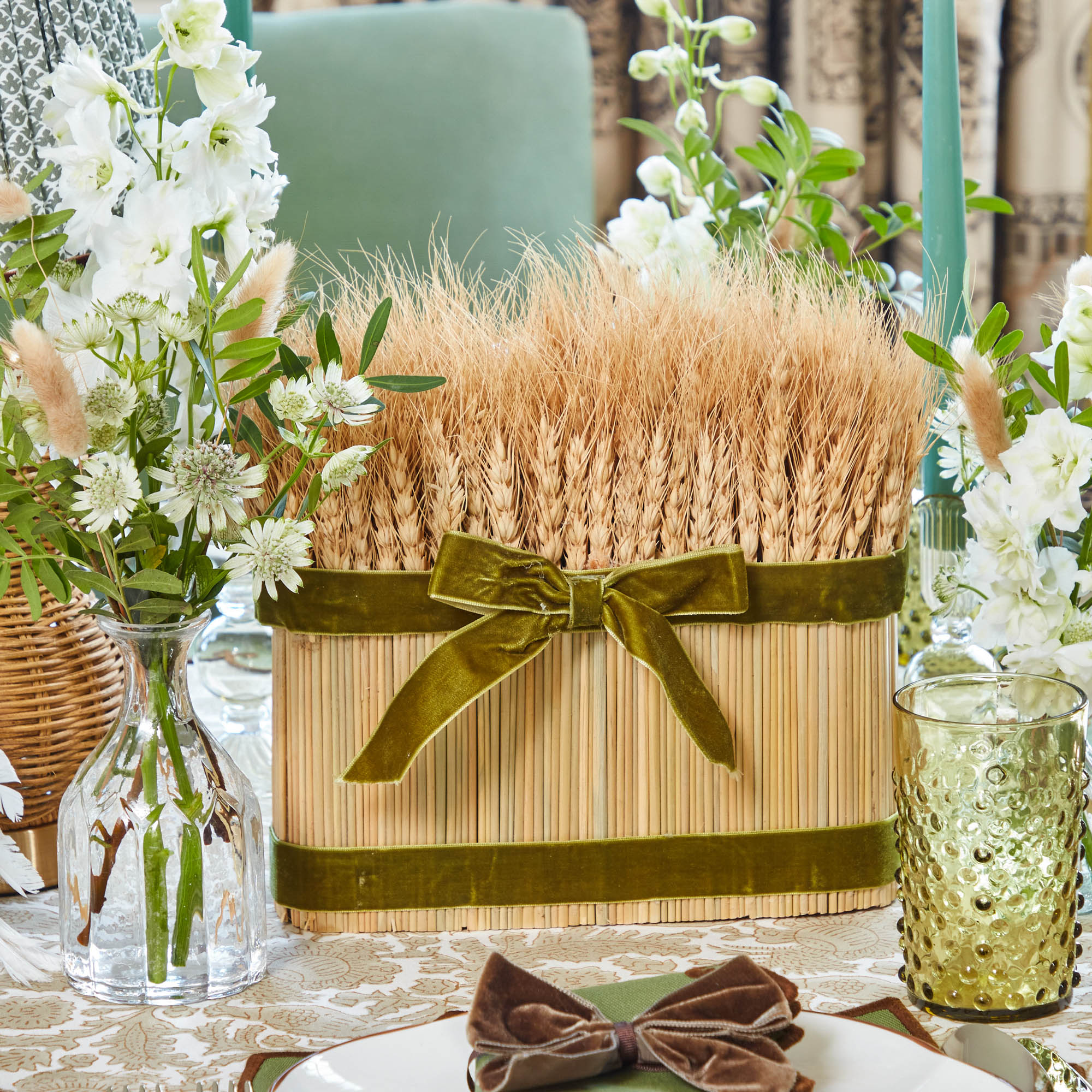 Long Wheat Sheaf with Green Velvet Bow