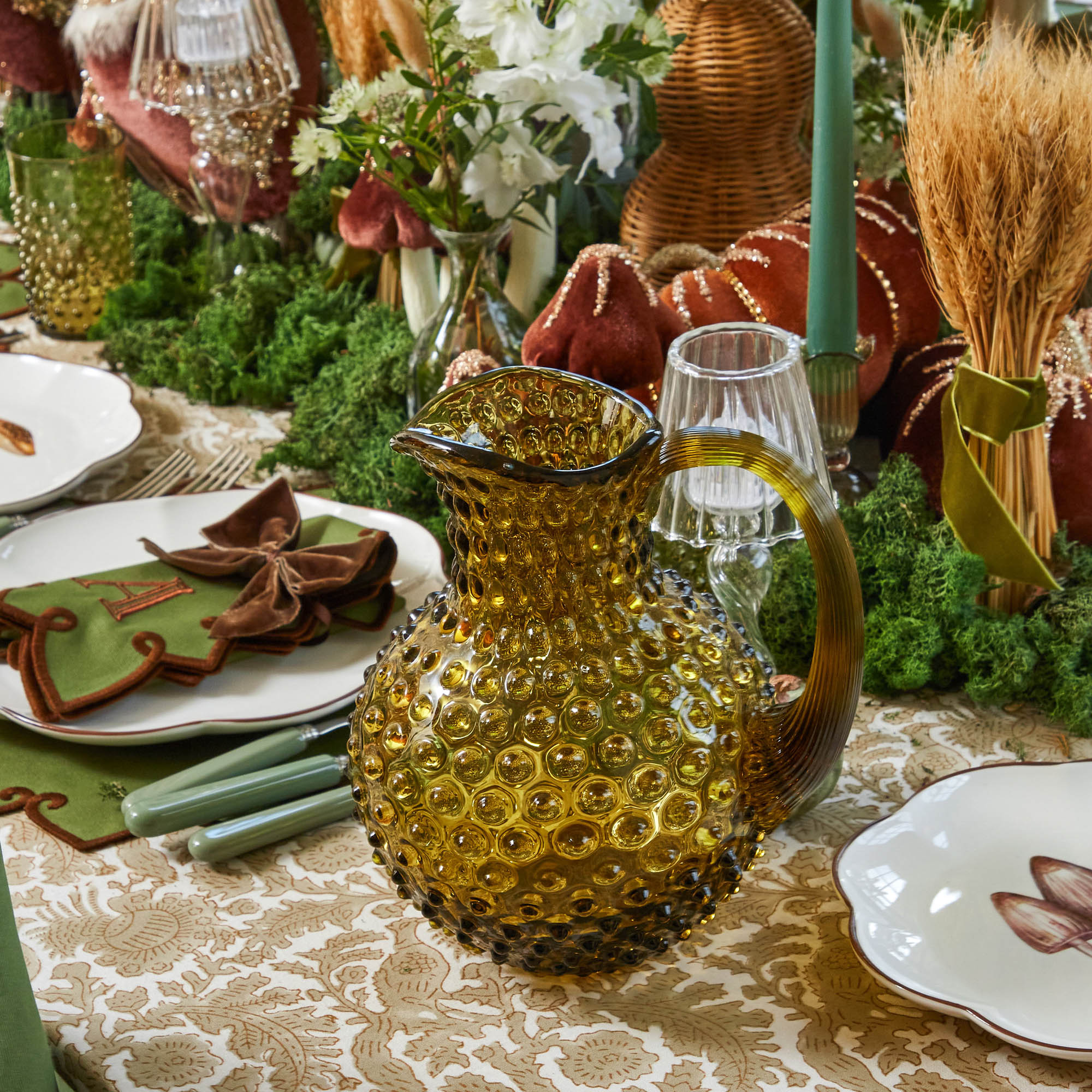 Olive Green Hobnail Jug & Glasses (Set of 6)