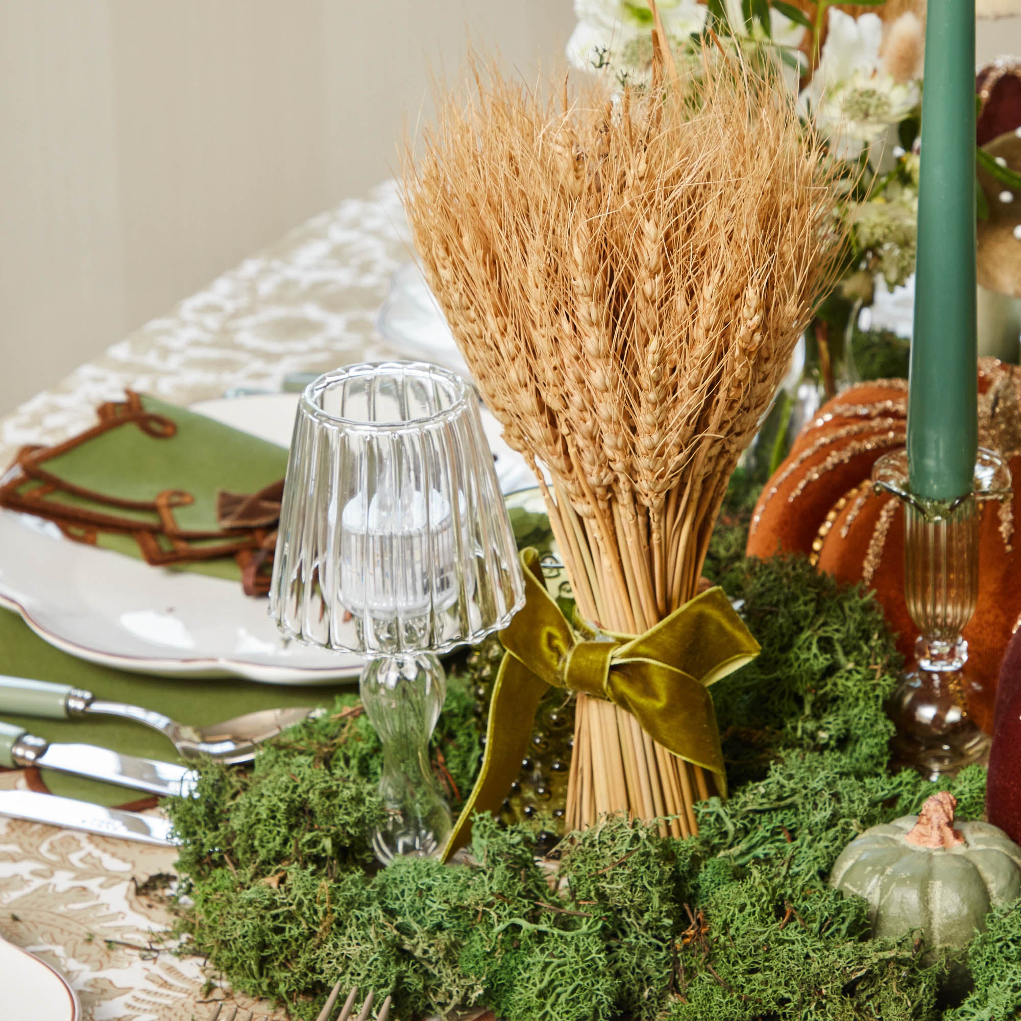 Tall Wheat Sheaf with Green Velvet Bow (Pair)