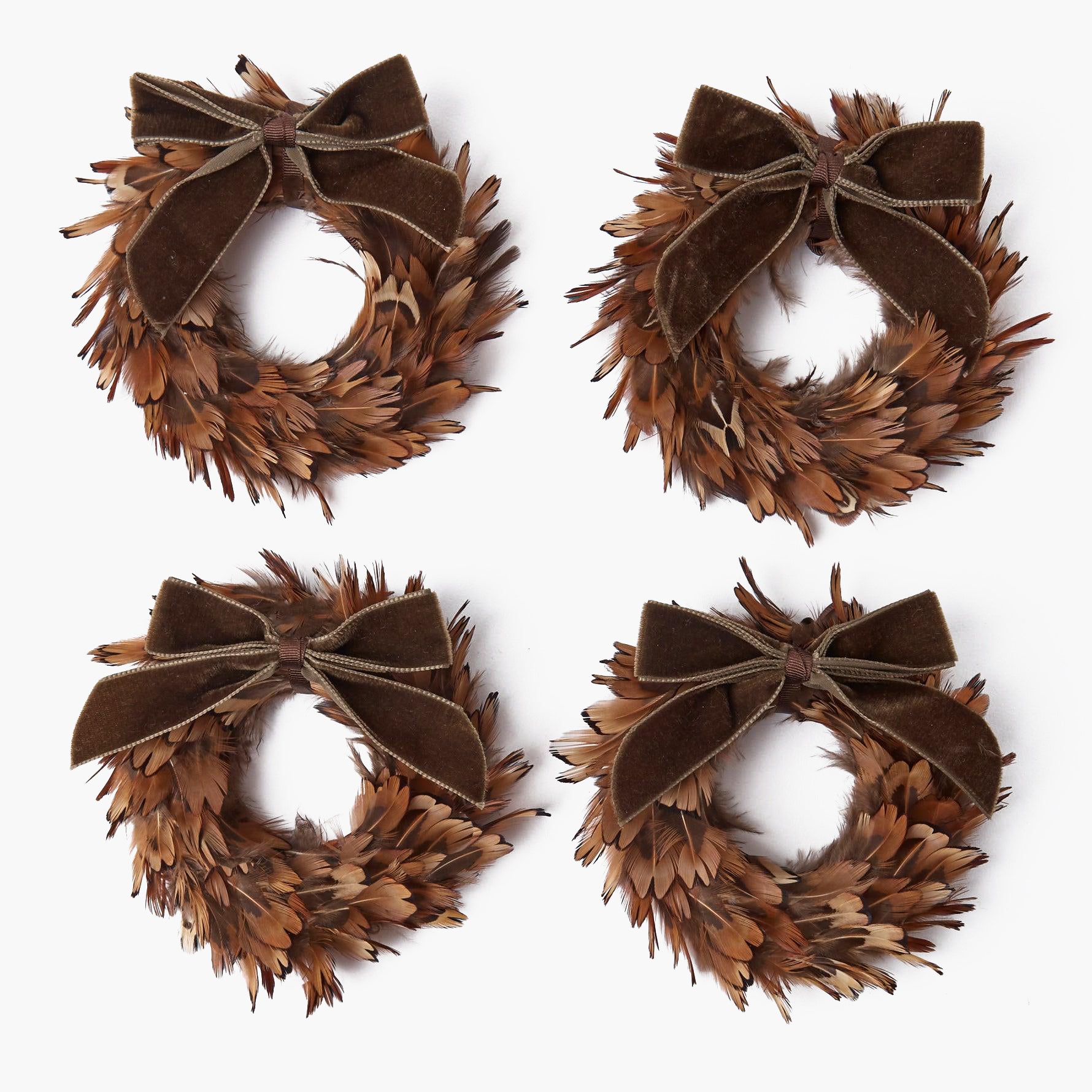 Feather Wreath with Chocolate Velvet Bows (Set of 4)