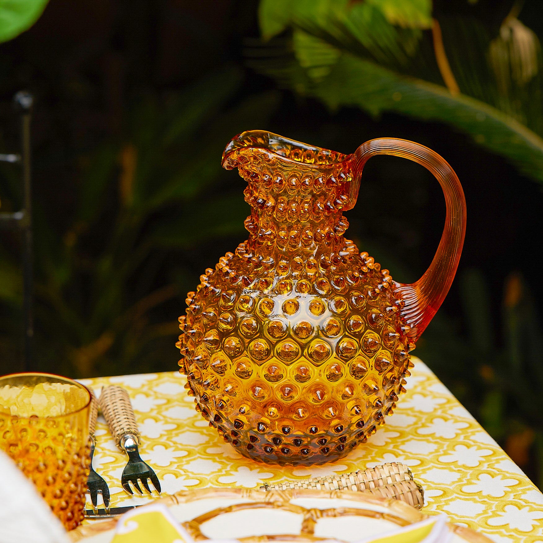 Amber Hobnail Jug and Glasses (Set of 6)