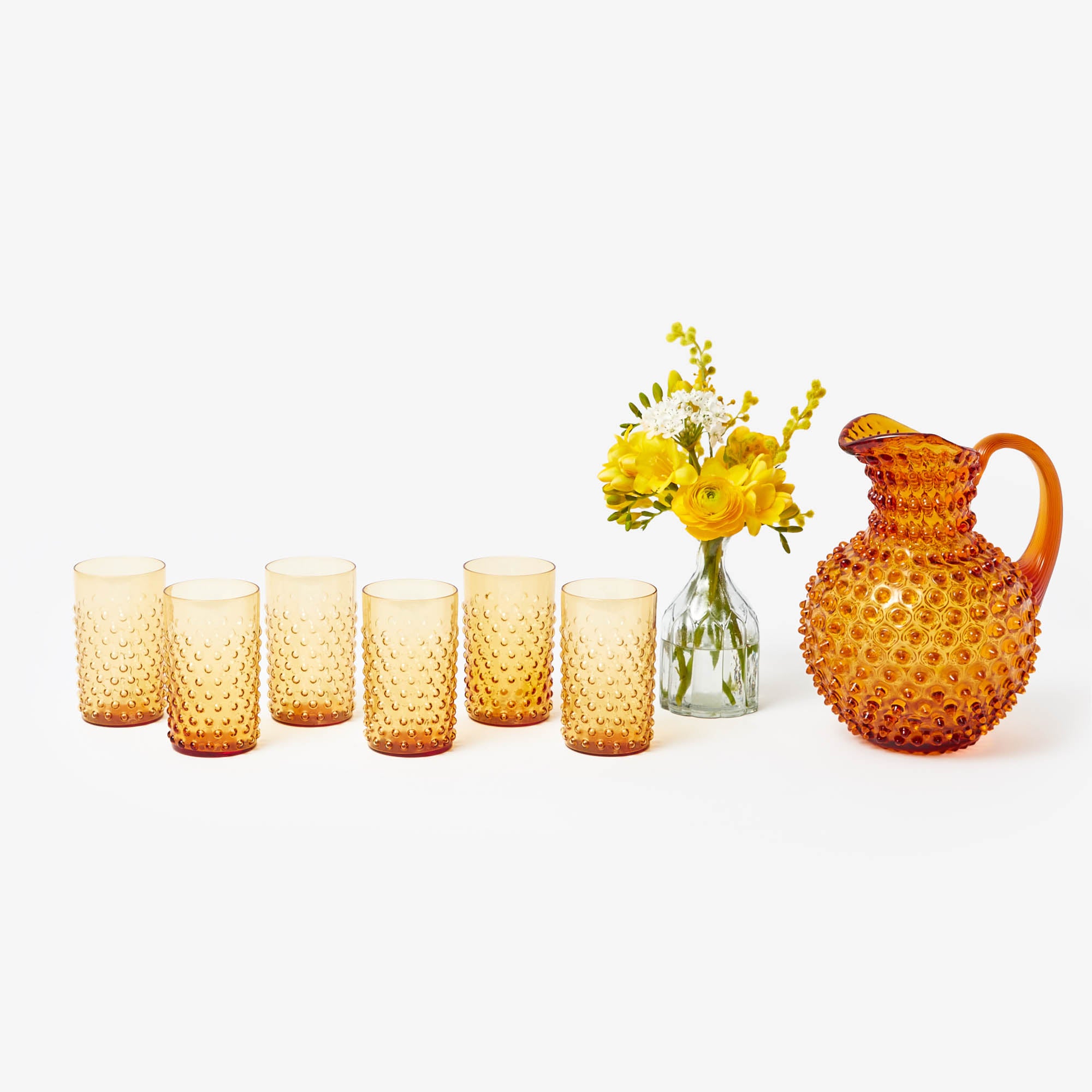 Amber Hobnail Jug and Glasses (Set of 6)