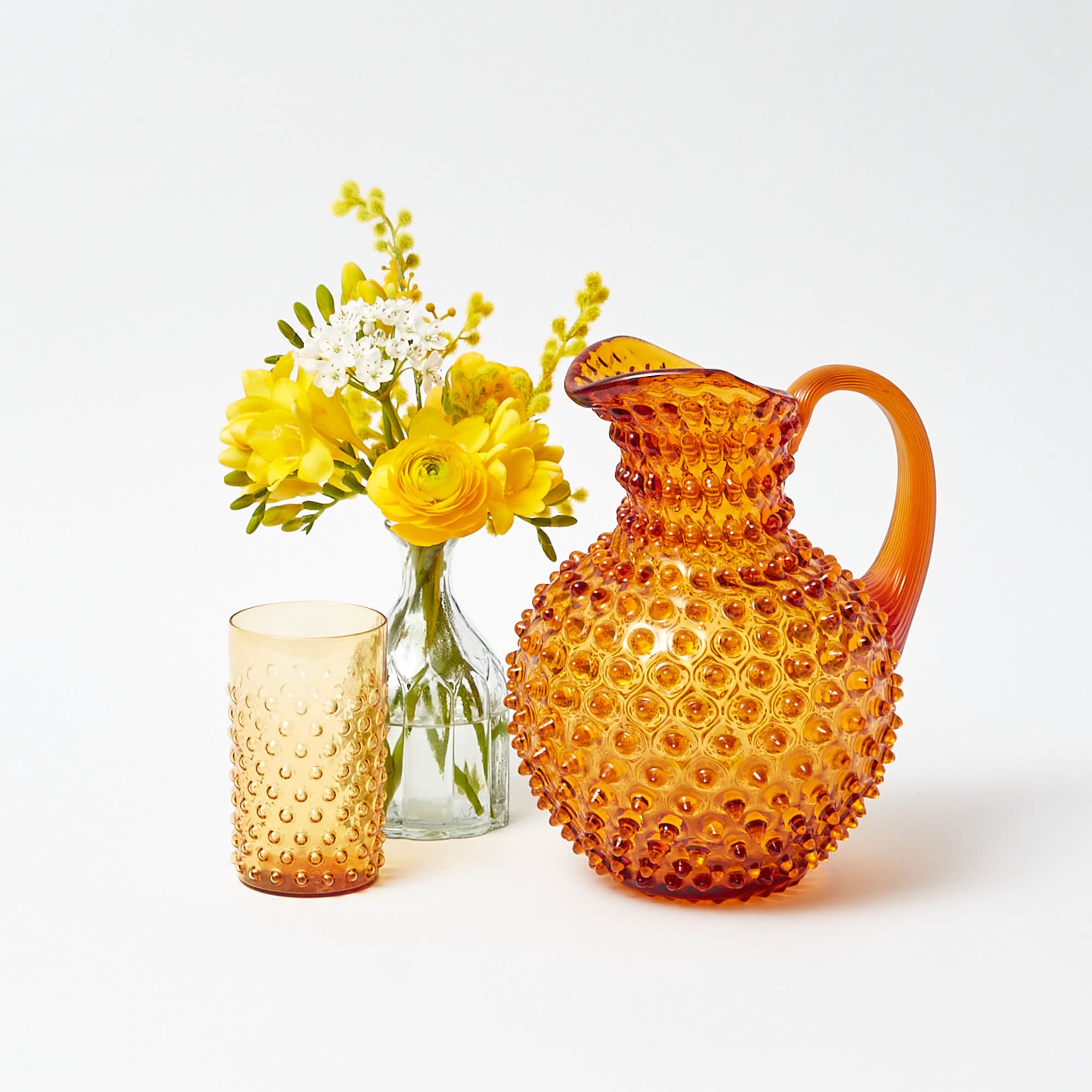 Amber Hobnail Jug and Glasses (Set of 6)