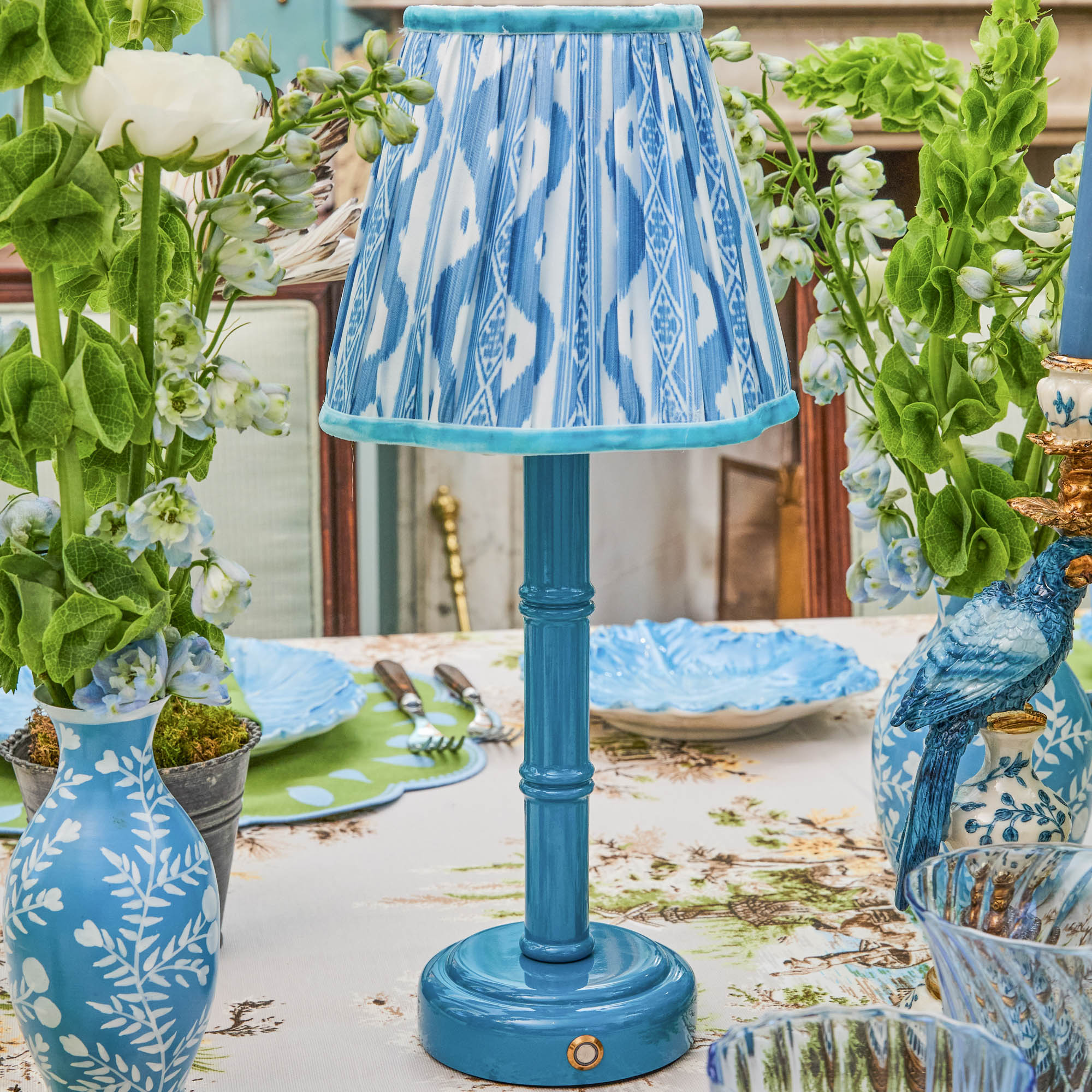 Blue Leonora Lacquer Rechargeable Lamp with Blue Ikat Shade (18cm)