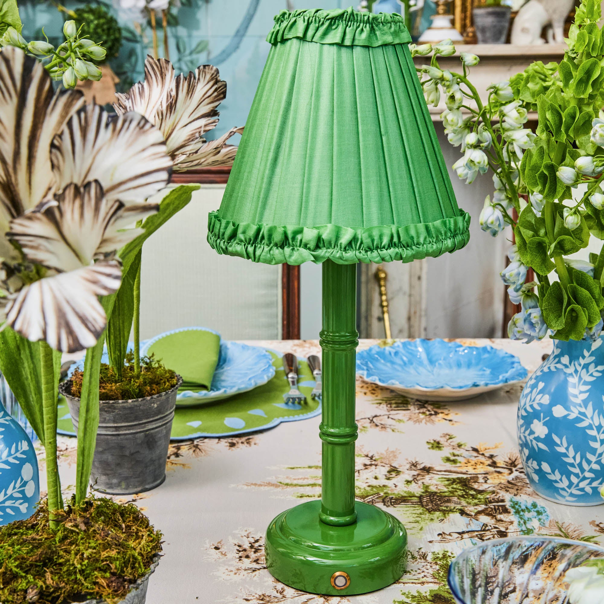 Green Leonora Lacquer Rechargeable Lamp with Green Frilled Silk Shade (18cm)