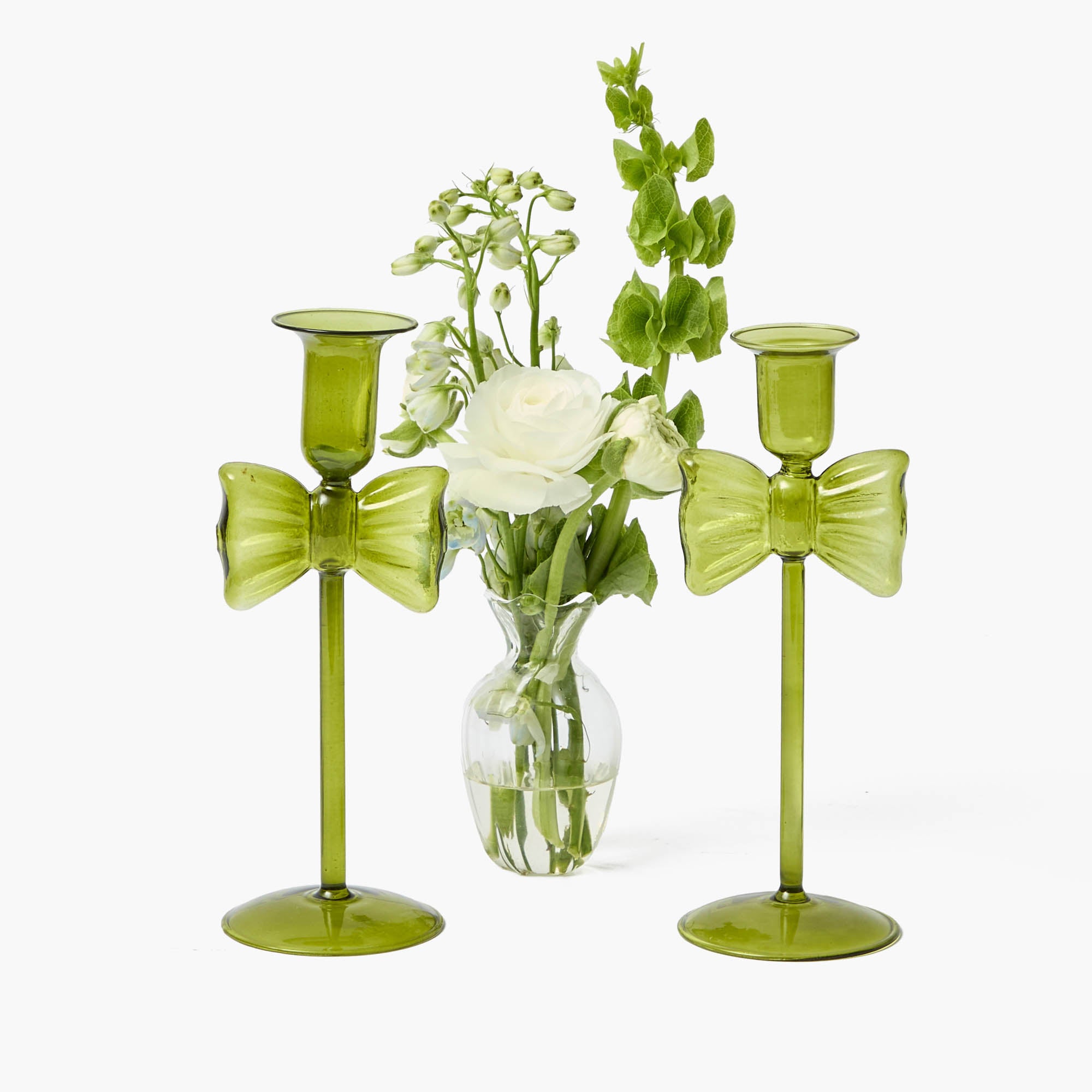 Celine Green Glass Bow Candle Holder (Pair)