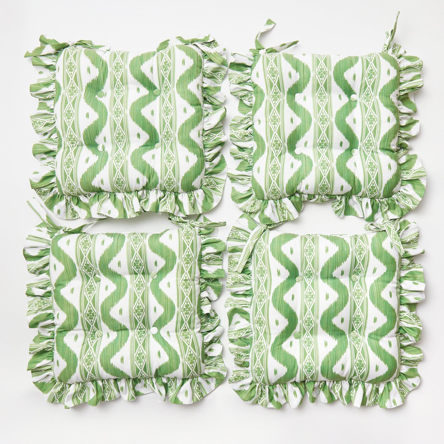 Frilled Green Ikat Seat Pad Cushion - Mrs. Alice