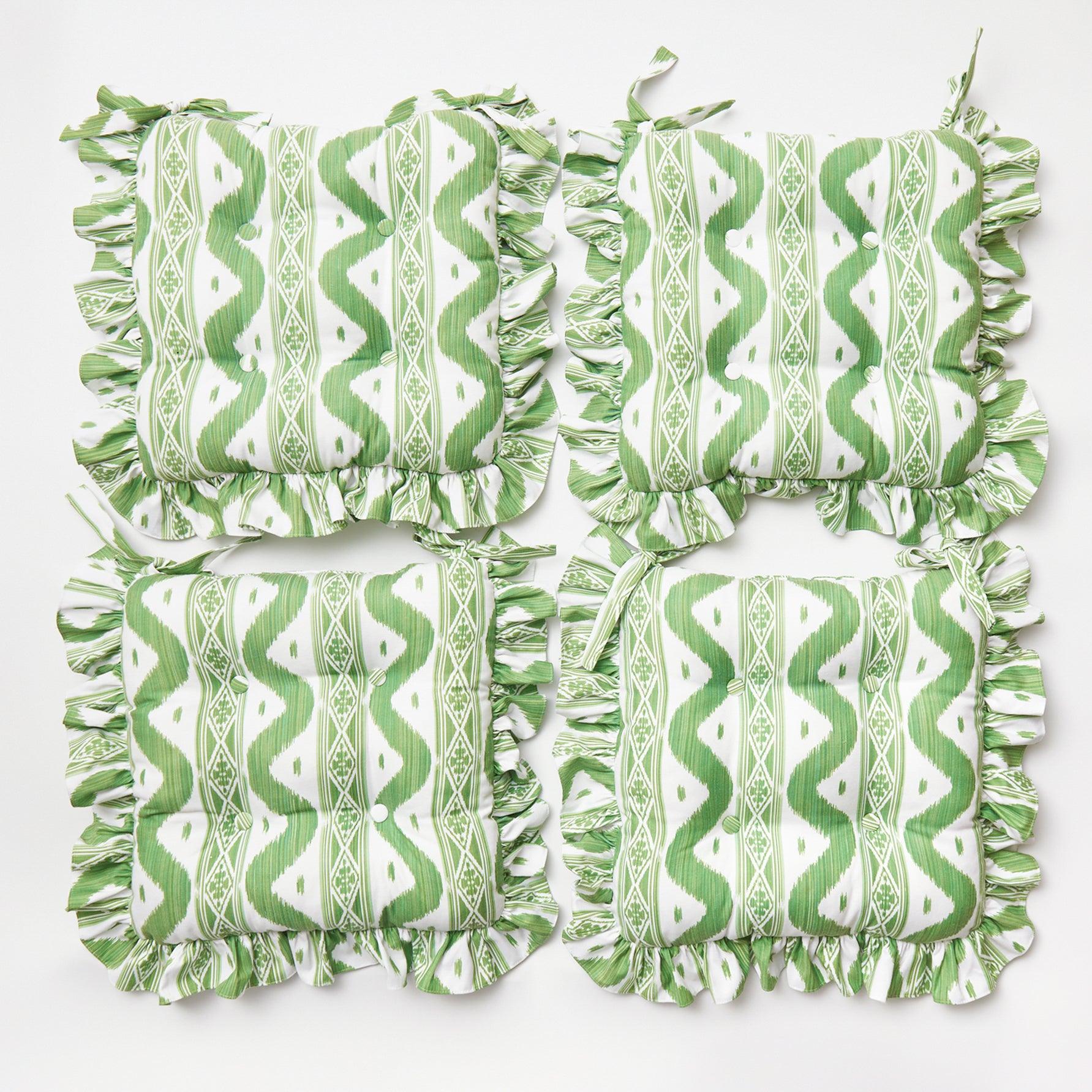 Frilled Green Ikat Seat Pad Cushion (Set of 4) - Mrs. Alice