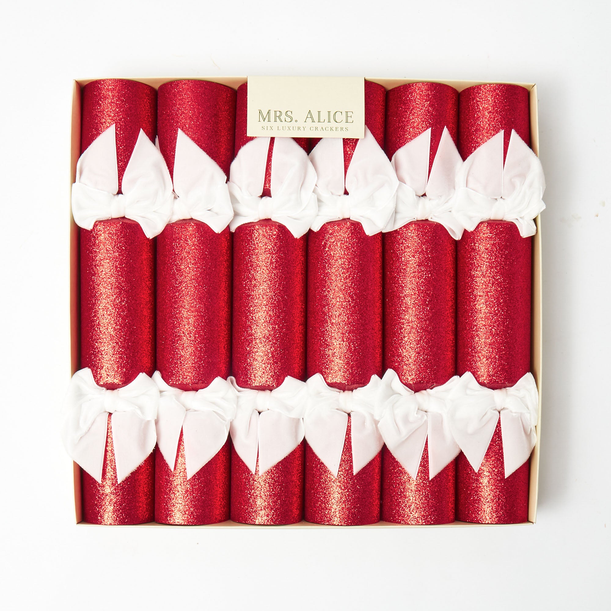 Elevate your holiday celebrations with Red Glitter Crackers With White Velvet Bows (Set of 6).