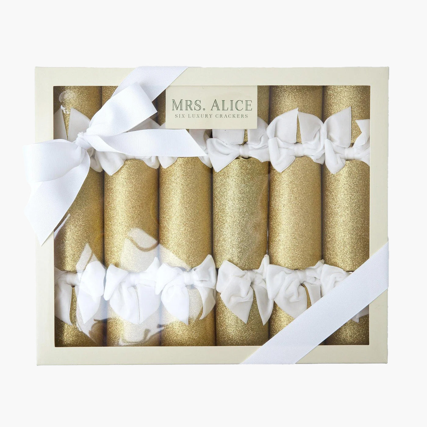 Gold Glitter Crackers with White Velvet Bows (Set of 6)