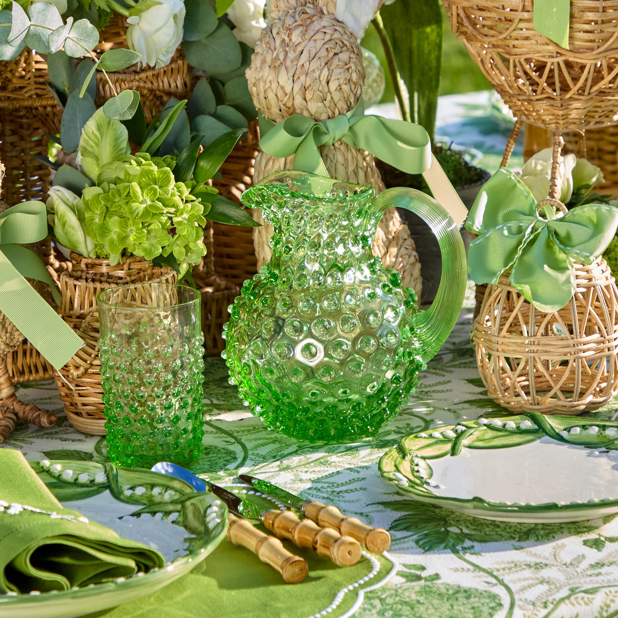 Small Emerald Hobnail Jug & Glasses (Set of 6)