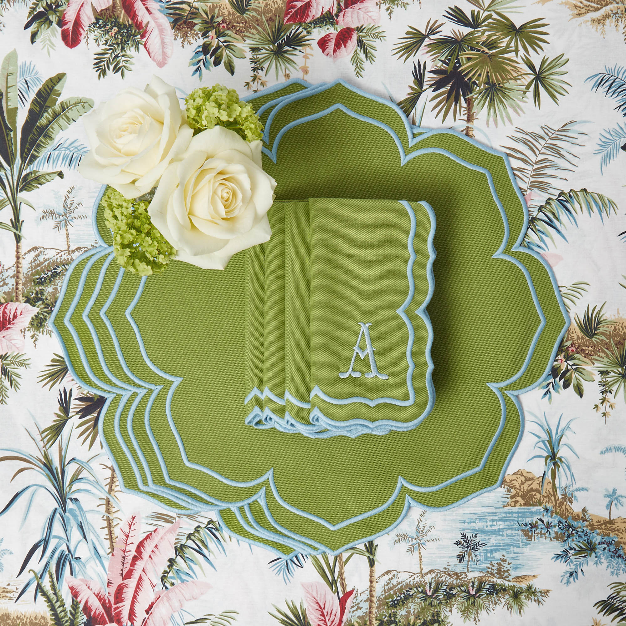 Fleur Green Placemats & Napkins (Set of 4)