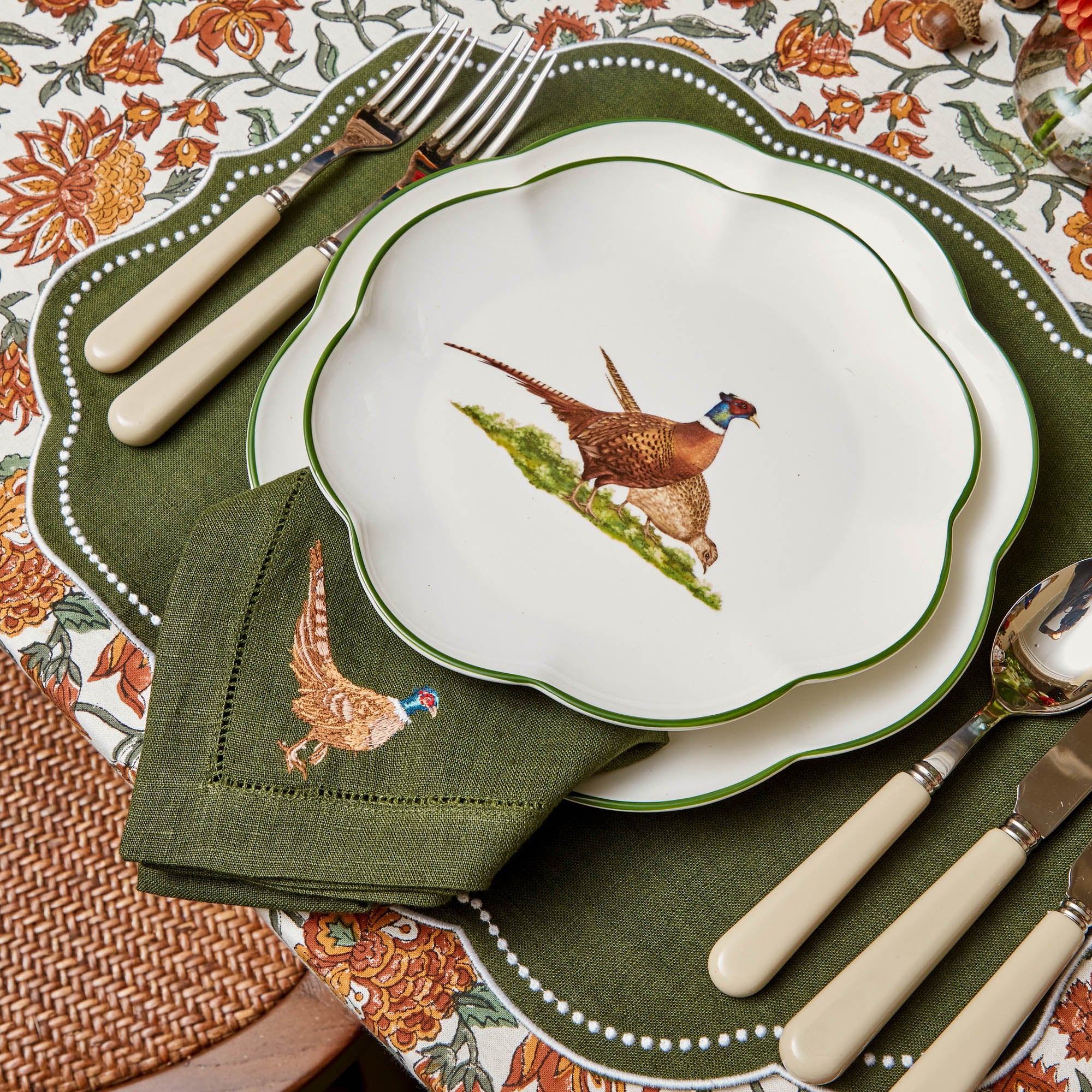 Green Embroidered Pheasant Linen Napkins (Set of 4)