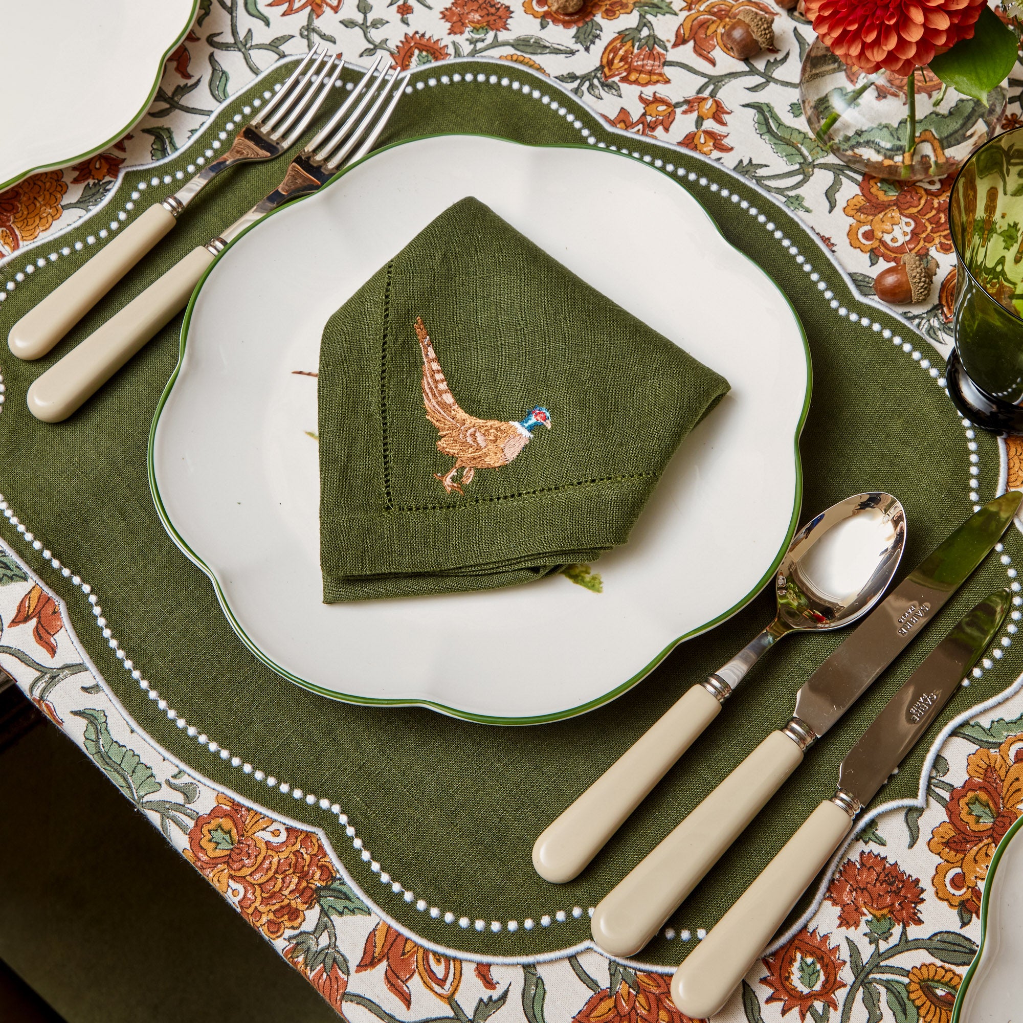 Green Embroidered Pheasant Linen Napkins (Set of 4)