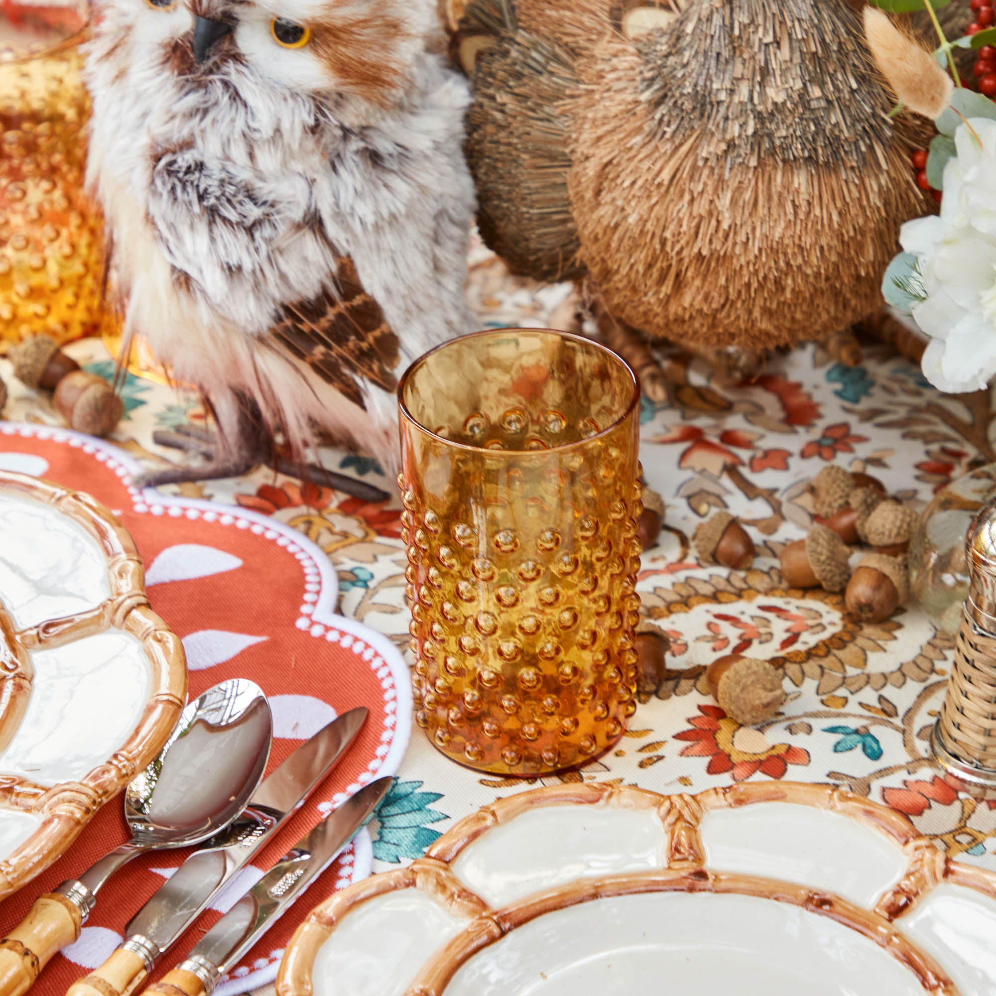 Amber Hobnail Jug and Glasses (Set of 6)