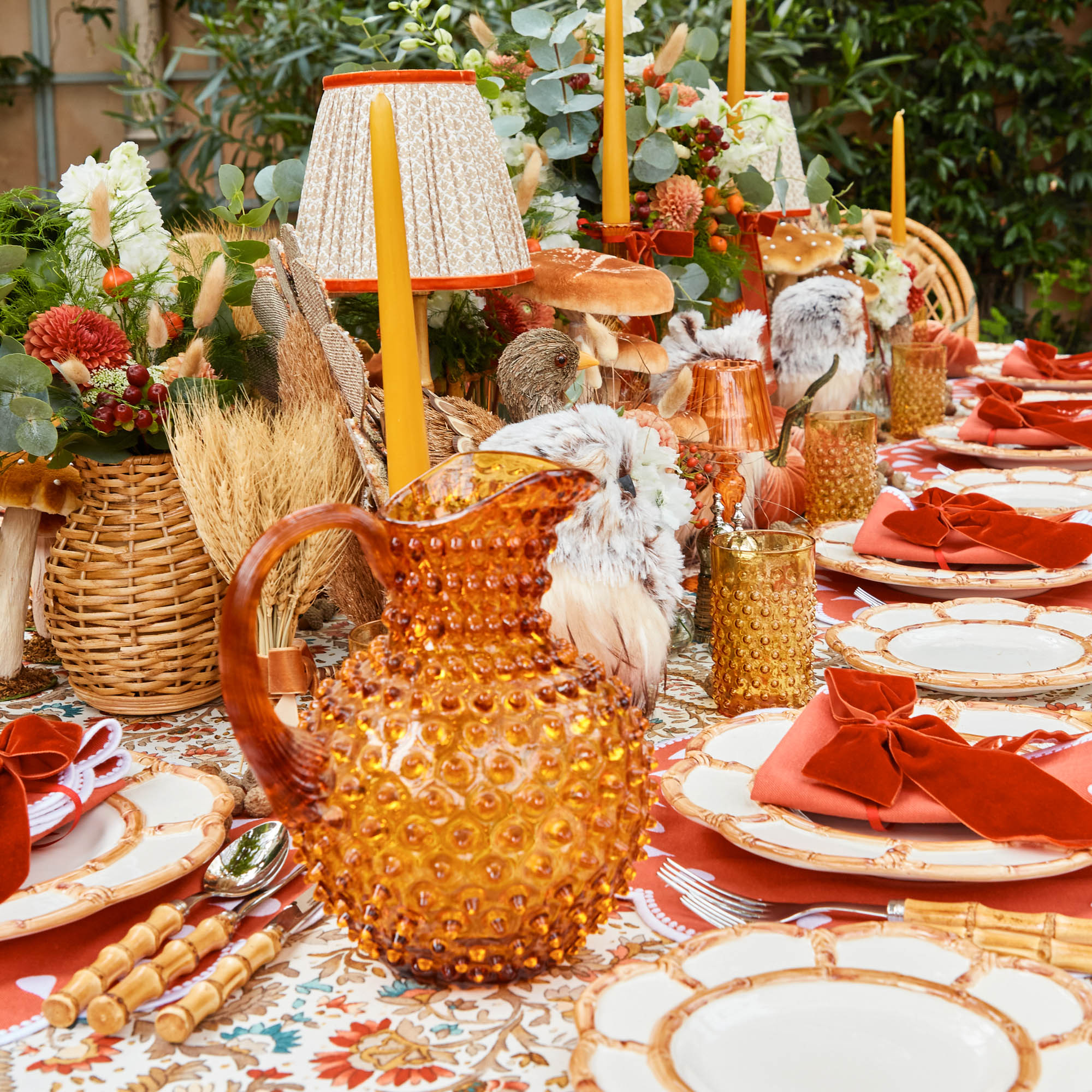 Amber Hobnail Jug and Glasses (Set of 6)