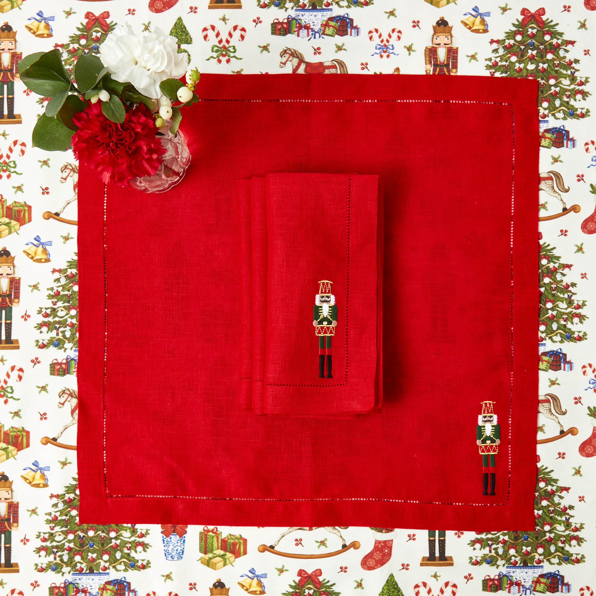 Red Linen Embroidered Nutcracker Napkins (Set of 4)